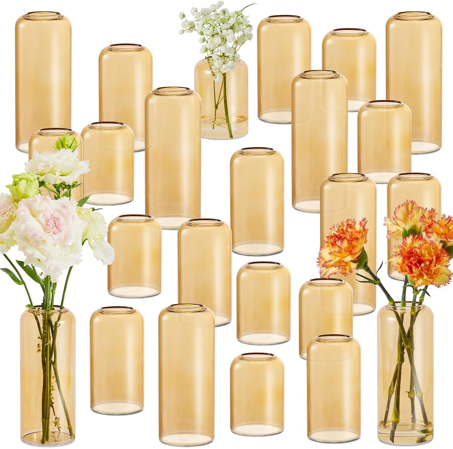 24pcs Glass Bud Vases Set, Clear Flower Vase for Centerpieces, Small Vases for Flowers, Decor Centerpiece for Bathroom, Decorative Vases for House Warming (Amber)