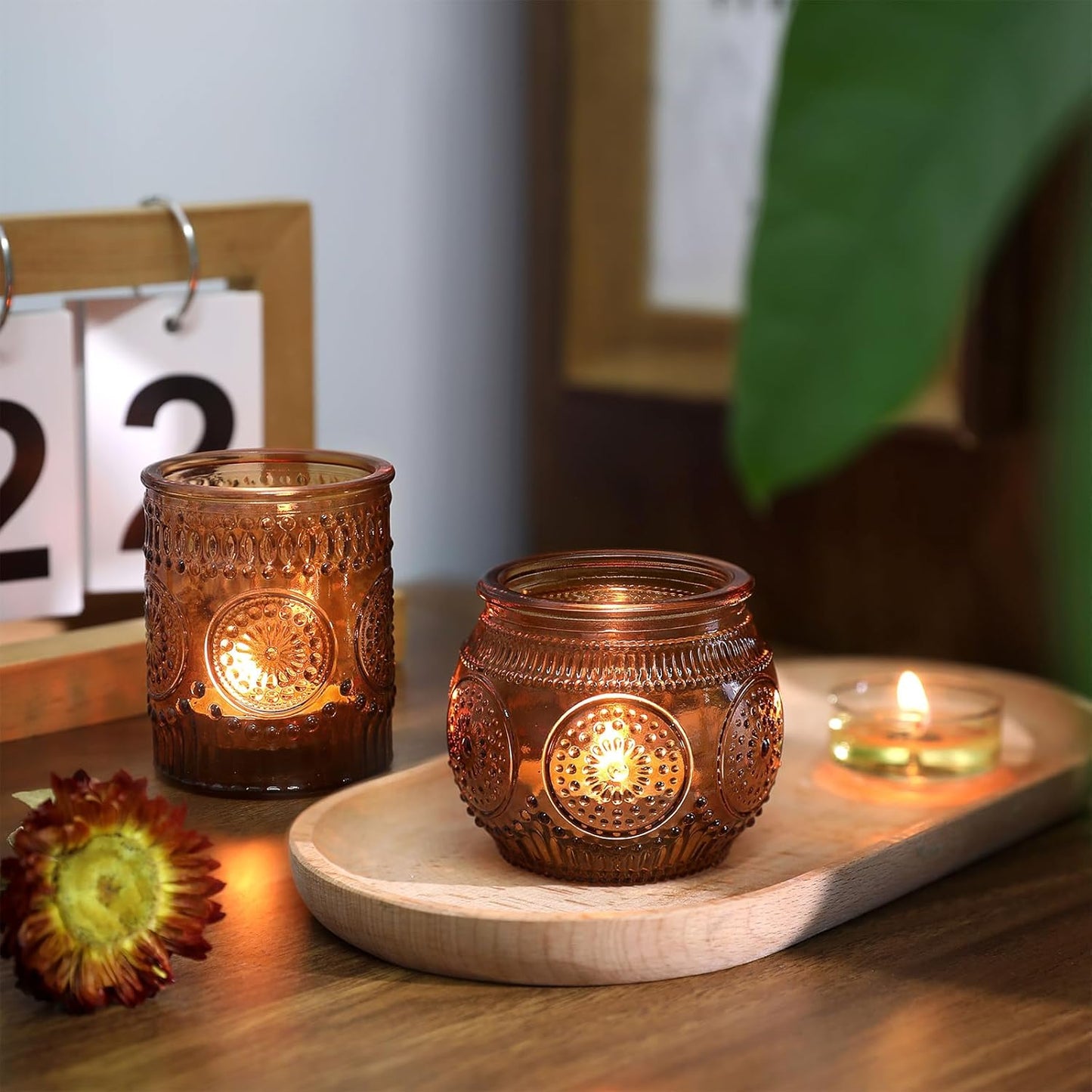 DARJEN 24Pcs Amber Votive Candle Holders - Vintage Glass Candle Holder, Candle Holders Bulk for Wedding & Home Decoration, Tea Lights Candle Holders for Festival Party Gift