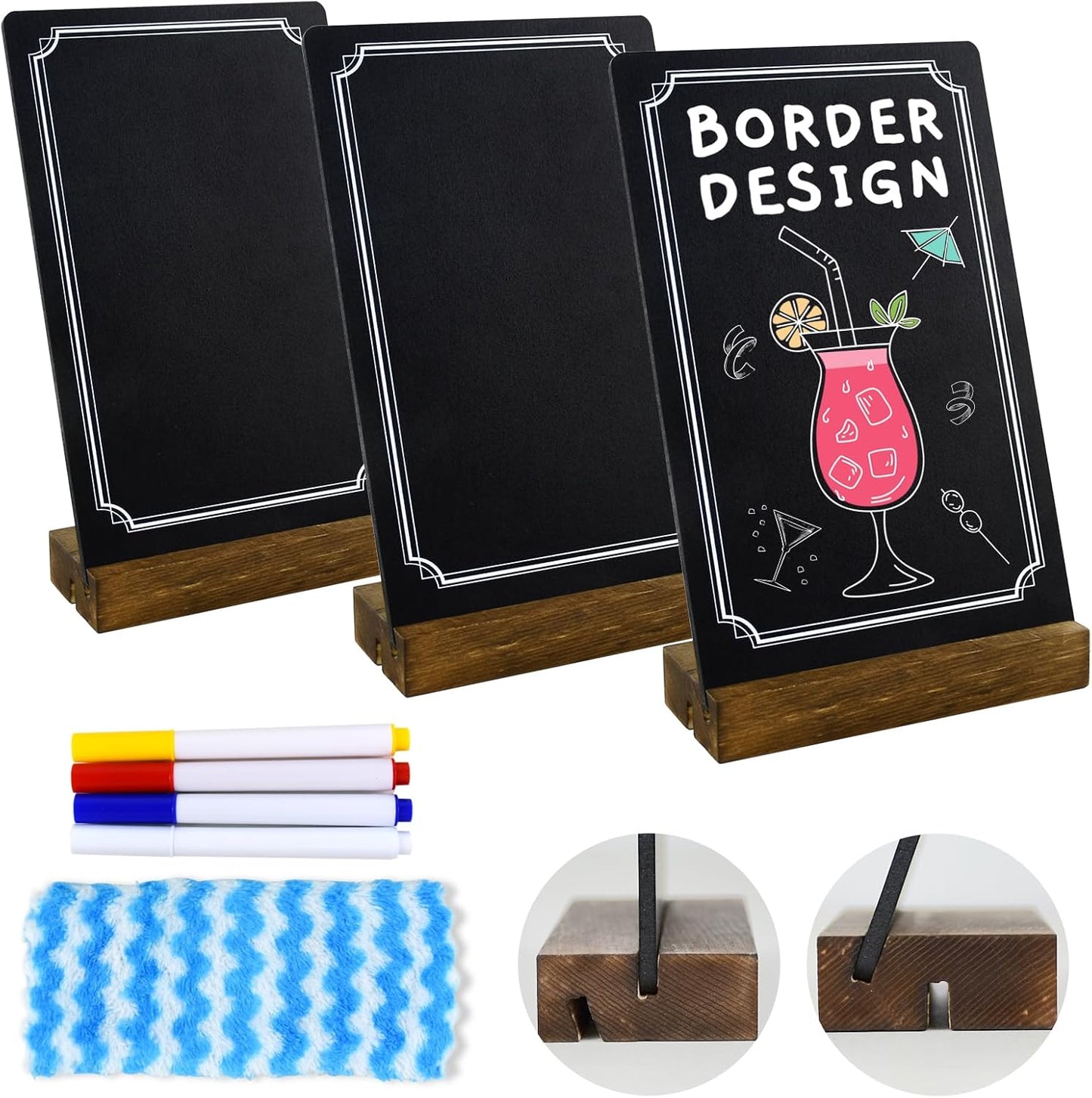 3 Pack Small Chalkboard Signs With Stand, 8x5'' Table Top Sign With Wooden Base, Double-Sided Mini Boards for Food Messages, Restaurant, Bar, Party, Store Decoration