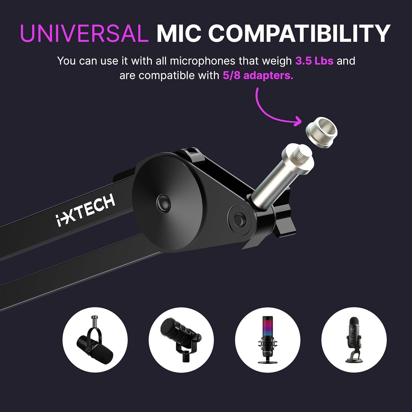 IXTECH Microphone Boom Arm Stand, Heavy Duty Adjustable Mic Stand with Cable Ties, Desk Mount Arm Stand for Gaming Streaming Podcasting.