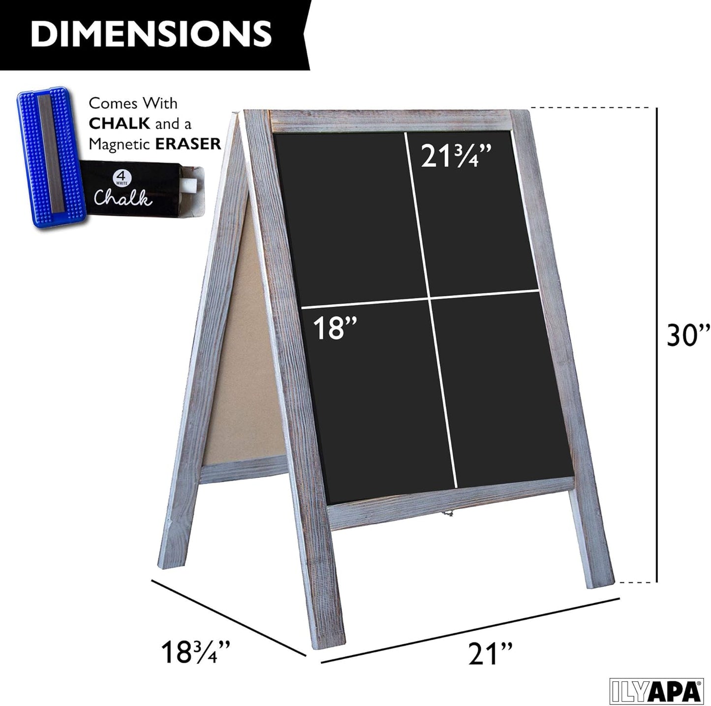 Ilyapa Wooden A-Frame Sign with Eraser & Chalk - 21 x 30 Inches Magnetic Sidewalk Chalkboard – Grey Menu Display for Restaurant, Business or Wedding