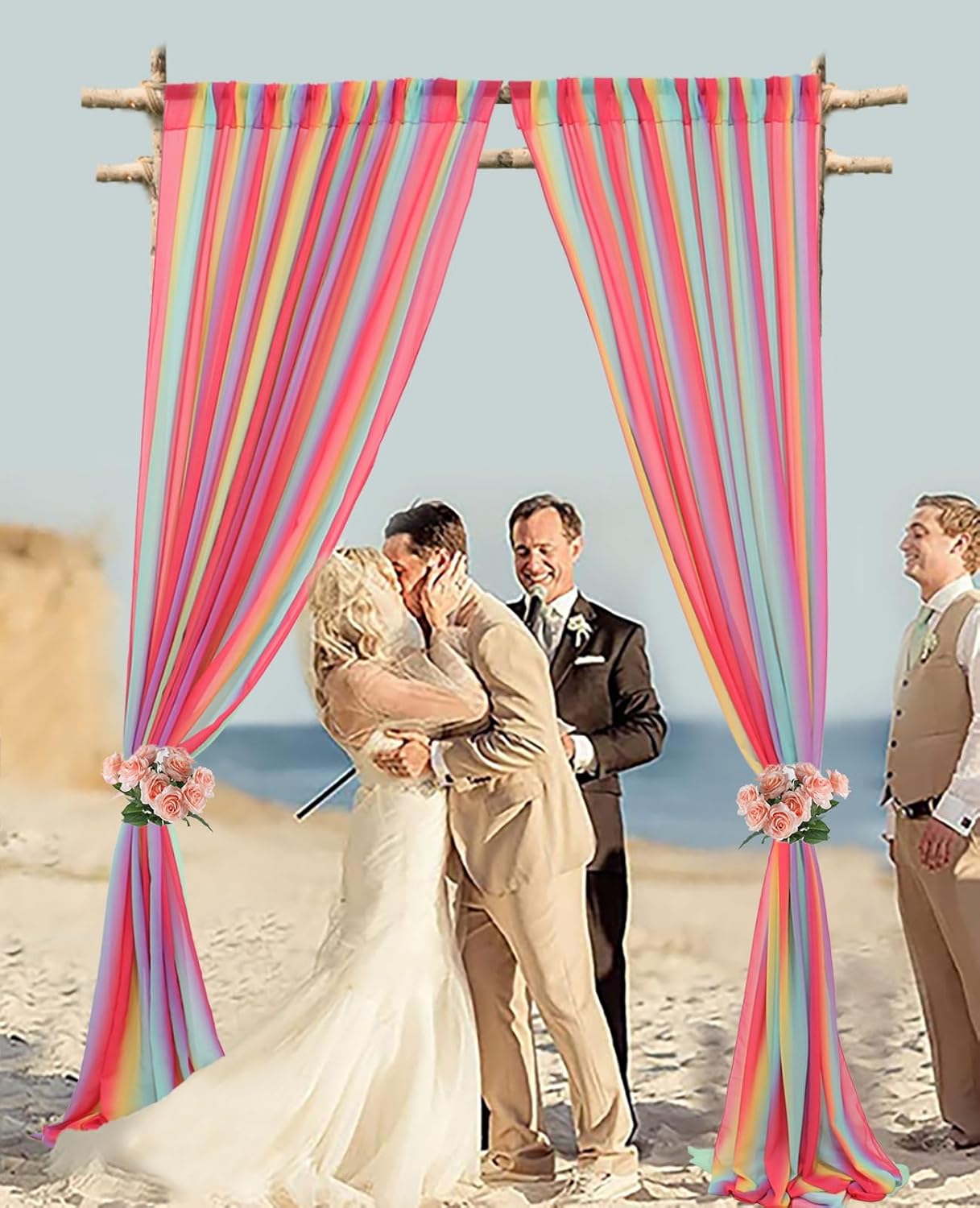 DUOBAO Rainbow Chiffon Wedding Arch Decor - Lightweight Sheer Fabric Archway for Ceremonies, Photo Backdrops, Parties (108" Tall x 29" Wide, 2 Panels)