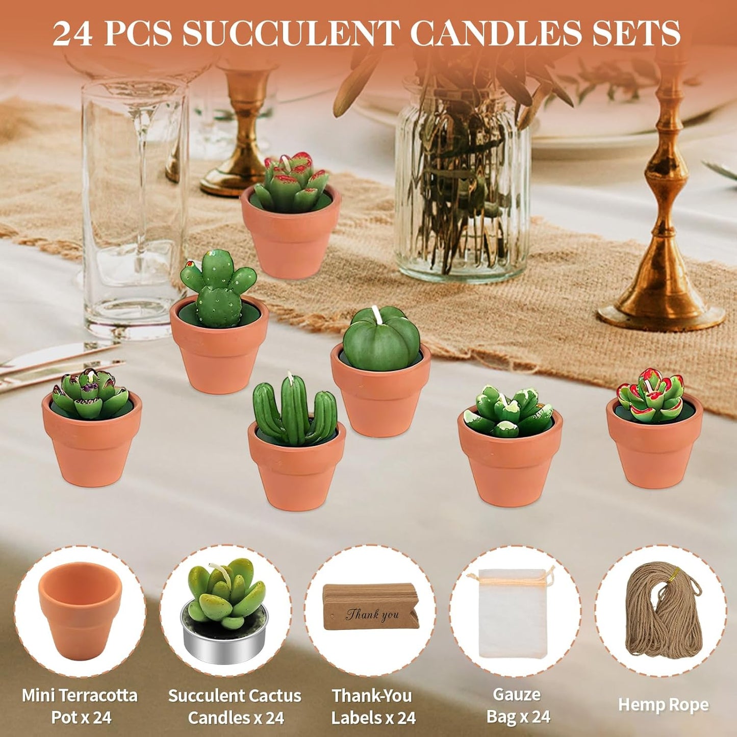 AZEAM 24 Pcs Succulent Candles Party Favors, Bulk Cactus Table Decor with Mini Terracotta Holders, Tiny Handmade Plant Tealights Candle Decoration for Baby Shower Bridal Game Wedding Home Birthday
