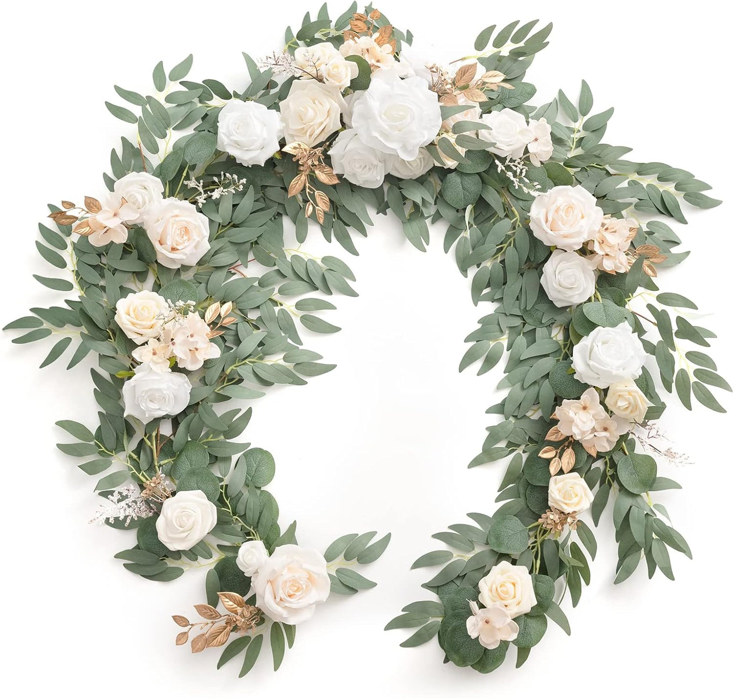 Ling's Moment Flower Garland - 6FT Eucalyptus & Rose - Sweetheart Table Decor for Wedding Reception, Artificial Silk Floral Garland for Mantle, Spring, Garden Christmas Decoration, White Beige