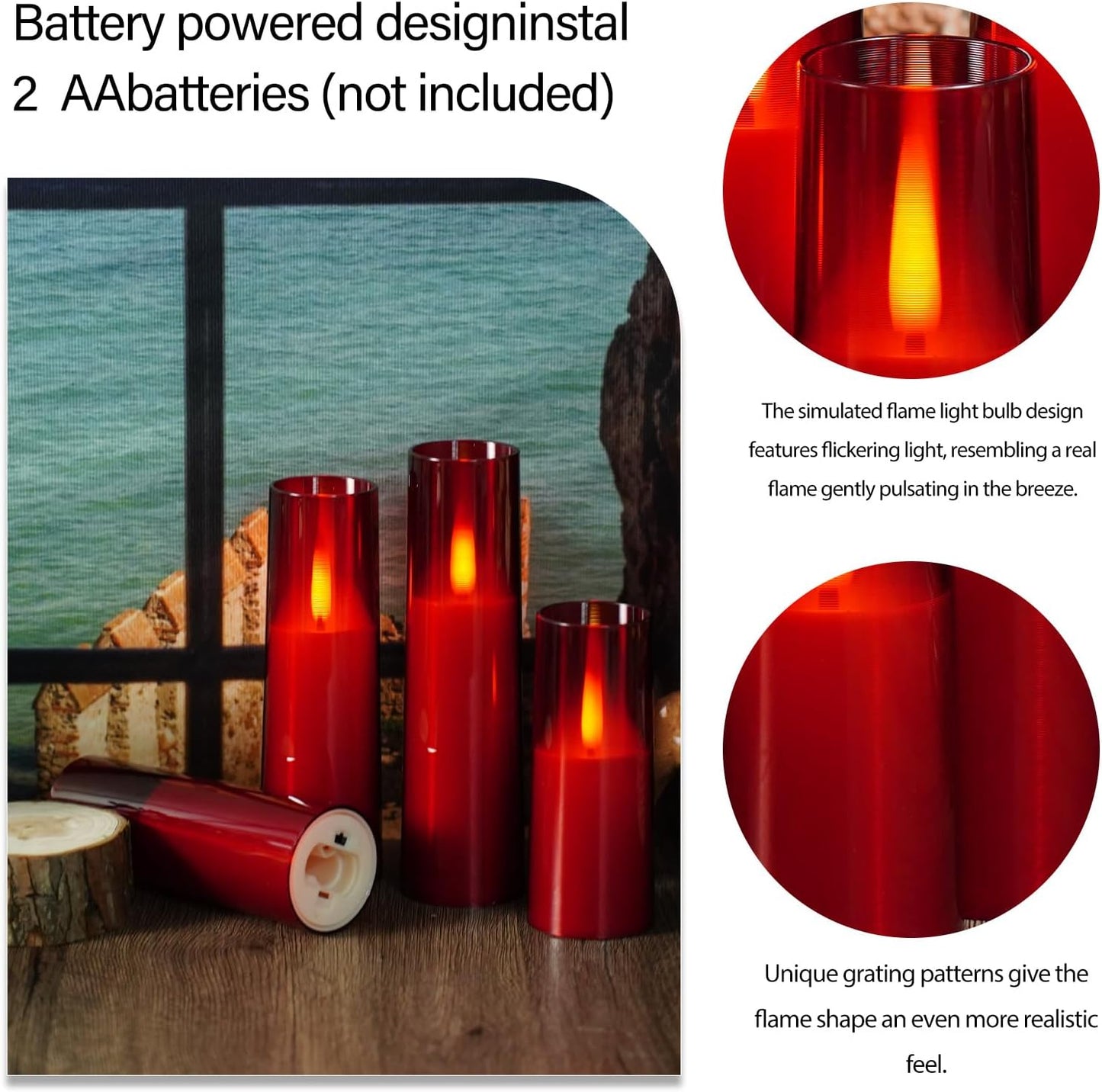 Flameless LED Candles, Upgraded Realistic Flickering Flame Battery Operated Candles with Remote Timer, Acrylic Electric Set of 5 for Romantic Ambiance and Home Decoration（Red）