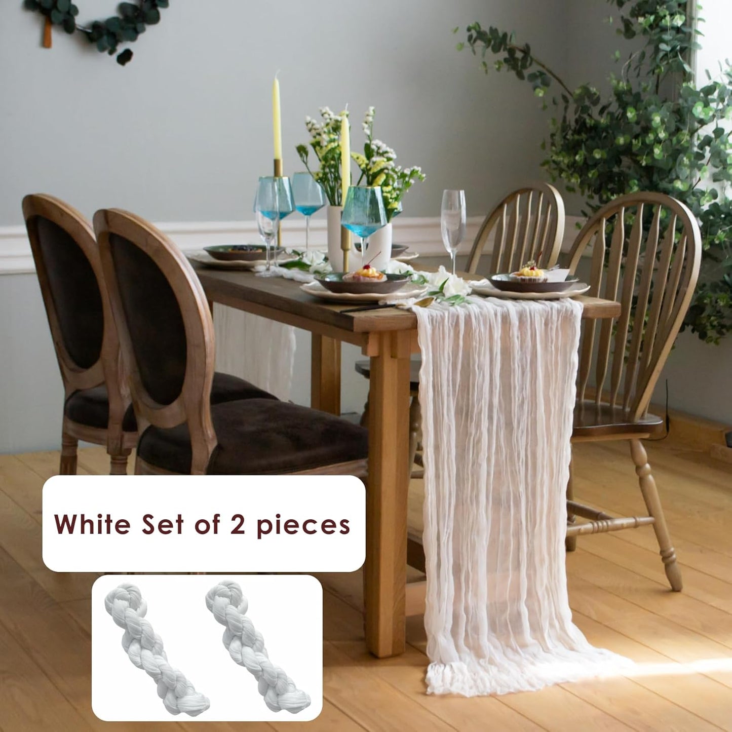 White Cheesecloth Table Runner Set of 2, Cotton Gauze Runner Rustic Table Decorations, Cheese cloth Fabric Bulk for white party decor, bohemian table runner Extra Long Boho Cheese Cloth 13 ft (141 in)