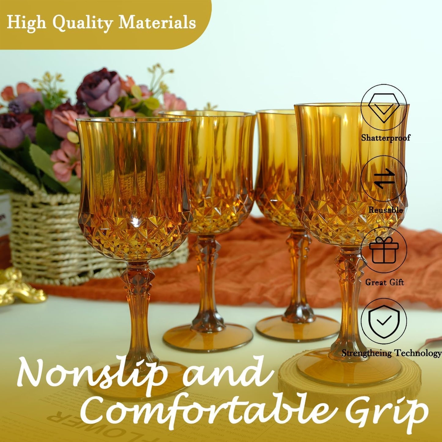 Plastic Wine Glasses，100PCS Amber Plastic Goblets Vintage Style Cordial Drinking Glasses for Wedding Reception, Grand Event Party Supplies (100, Amber)