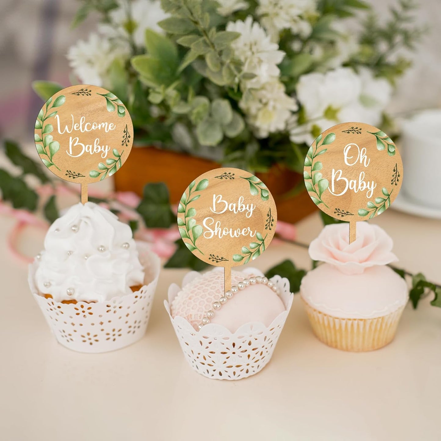 Custom Cupcake Toppers Cake Decorations in Wood for Wedding Engagement Baby Shower Birthday Party etc. (Design B / 12 PCS)