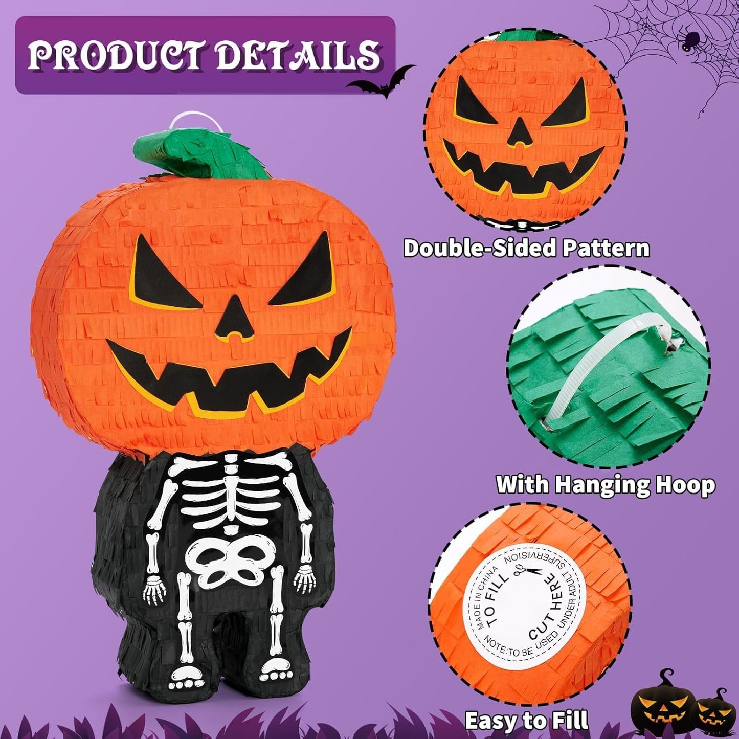 WERNNSAI Halloween Skull Pumpkin Piñata - Pumpkin Skull Pinata Halloween Scary Party Candy Game Supplies for Kids Trick Treat Party Jack o Lanterns Decorations Favor with Blindfold & Bat
