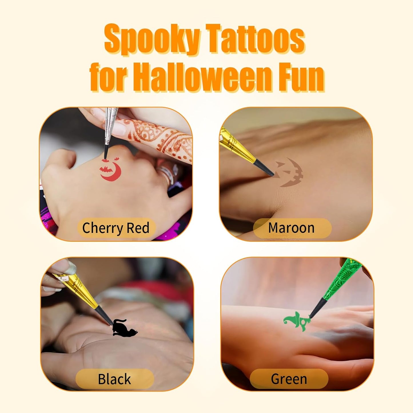 Halloween Temporary Tattoos Stencils Kit,Temporary Tattoos Kit - 4 Pcs 4 Color(Maroon,Black,Cherry red,Green) Ink with Gloves,DIY Body Art Painting for Women Men Adults Kids