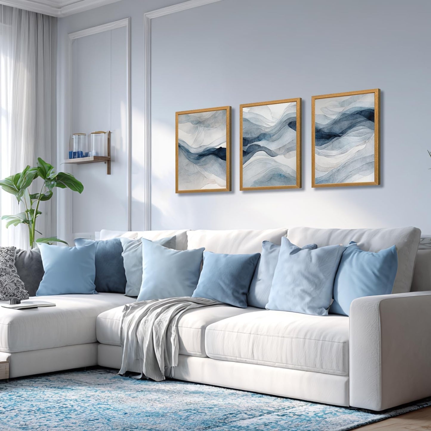 IAFWZX Wood Framed Blue Gray Abstract Wall Art, Modern Minimalist Waves Wall Decor, Neutral Watercolor Line Canvas Paintings, Navy Blue Watercolor Poster Prints for Living Room Office 12"x16"x3