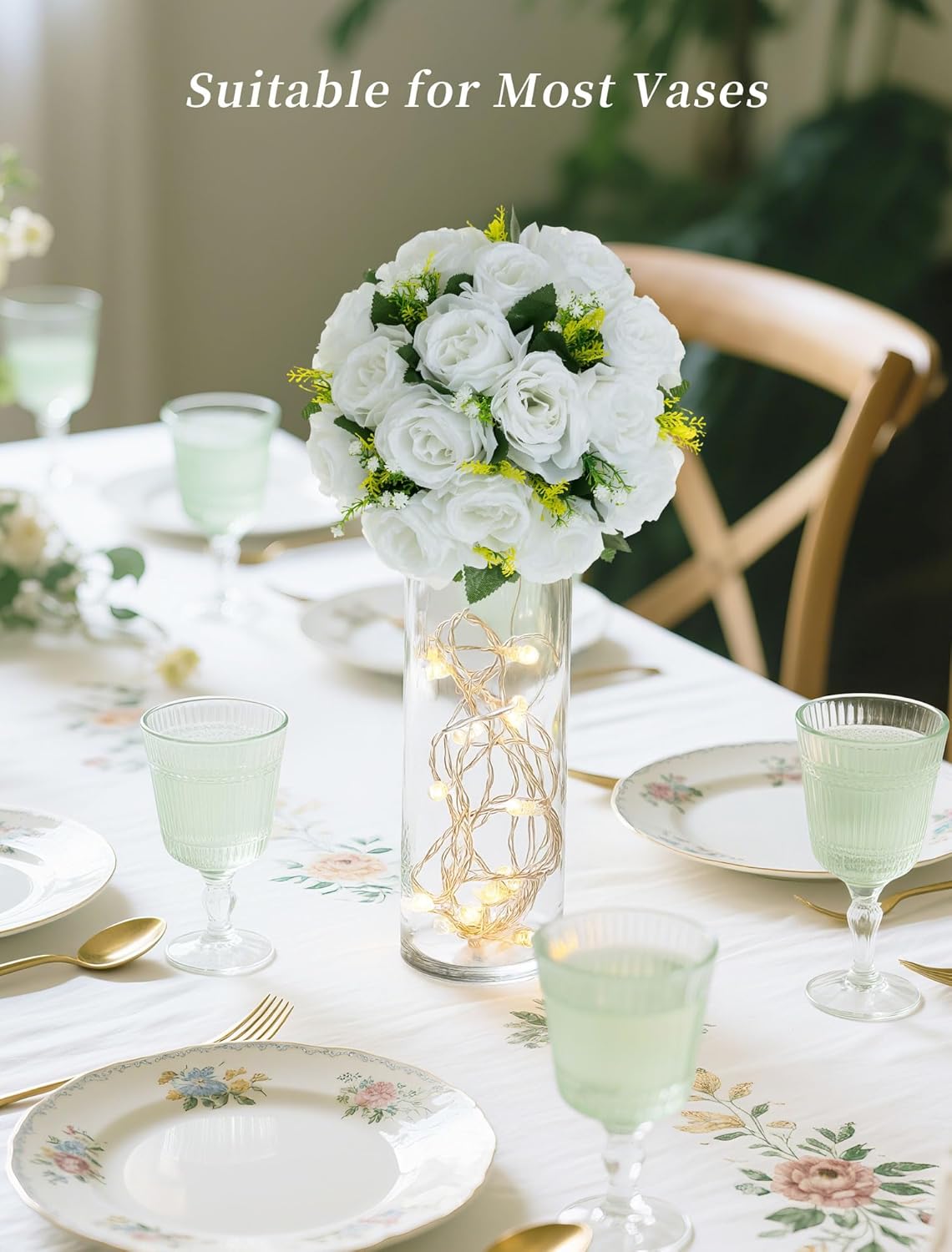 BLOSMON White Flowers for Wedding Centerpieces: 10 Pcs Artificial Roses Flower Balls for Table - Fake Silk Kissing Bouquet Floral Arrangement Center for Home Party Event Decor