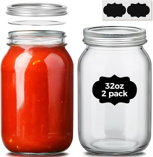ComSaf Wide Mouth Mason Jars 32 oz with Lids 2 Pcs, Quart Mason Jars with Seal Band, Large Glass Jar, Big Canning Containers for Pickles, Jams, Sauces, Salsa, Sourdough, Juice, Suntea, Food Storage
