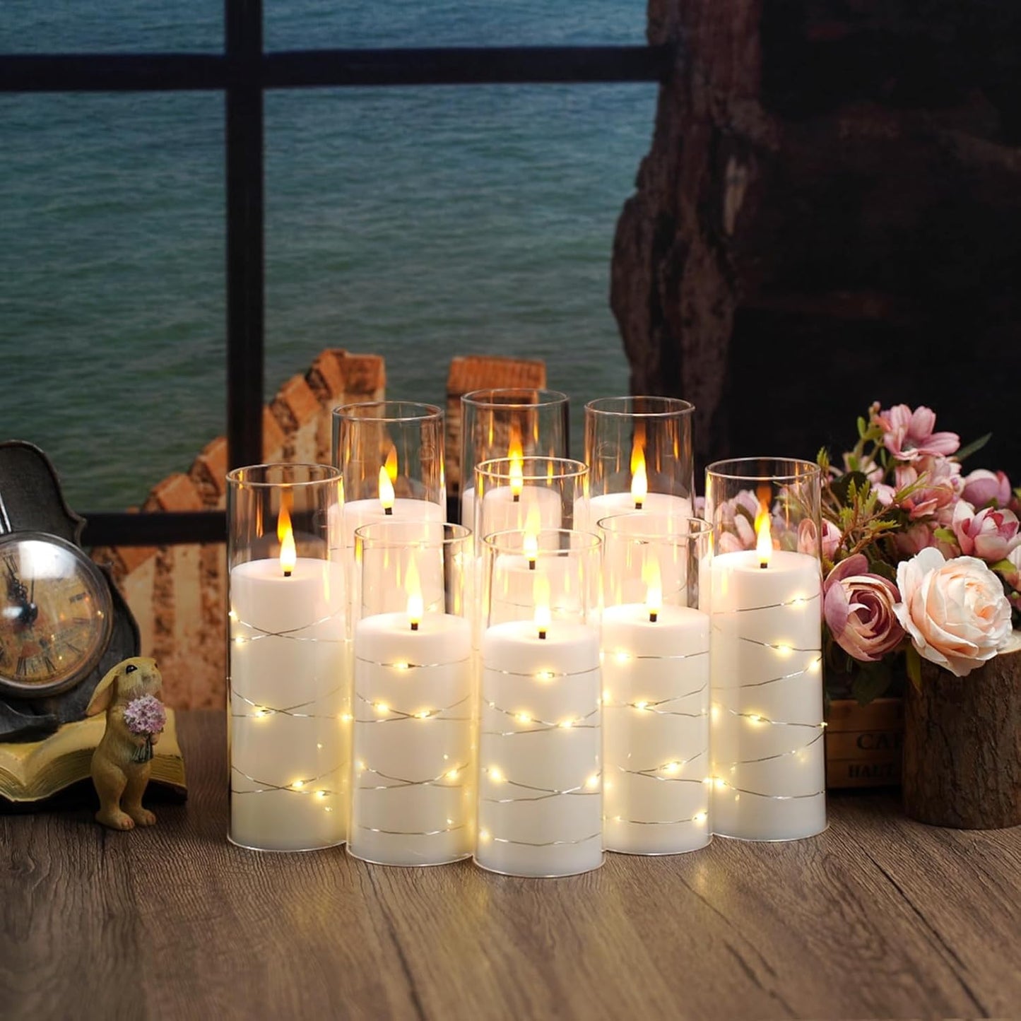 Flameless LED Candles with Timer 9 Pc Flickering Flameless Candles for Romantic Ambiance and Home Decoration Stable Acrylic Shell,with Embedded Star String，Battery Operated Candles（White）