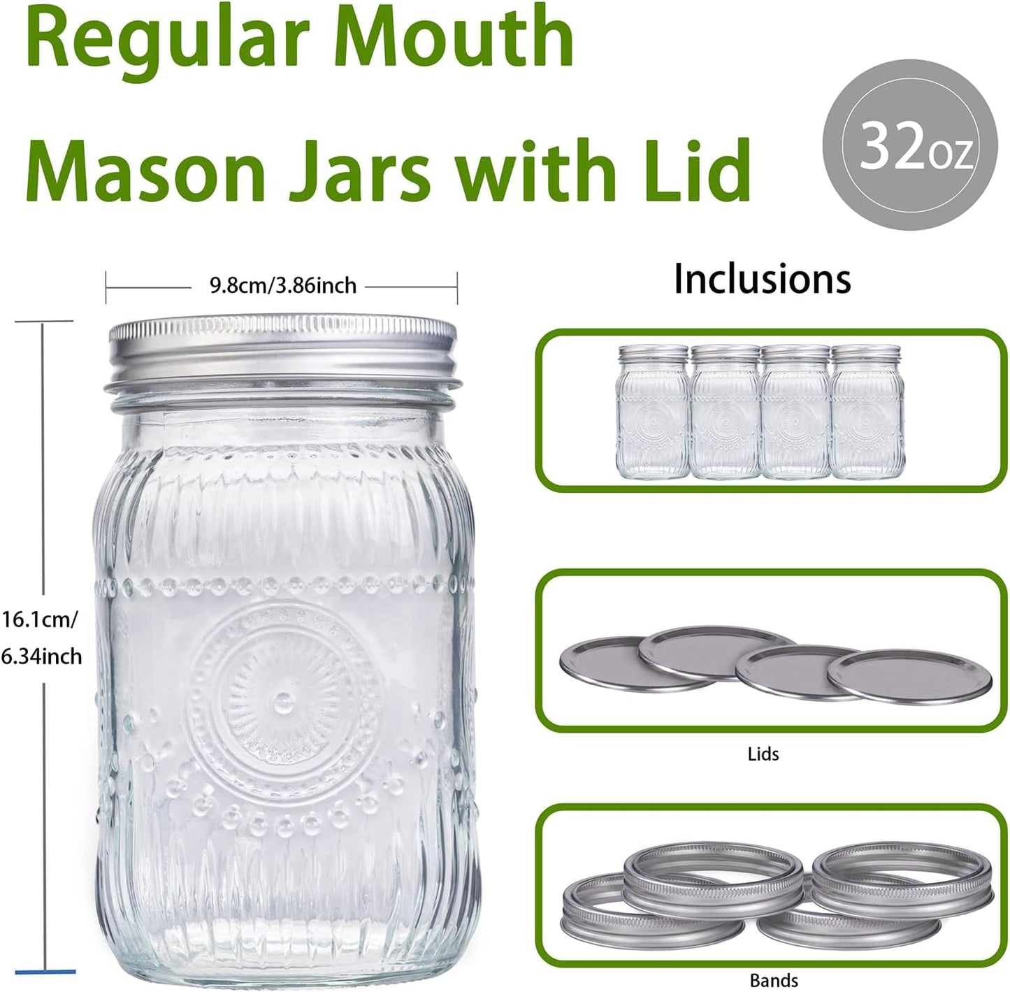 MirthMood 32 OZ Wide Mouth Mason Jars, 4 PACK Glass Mason Jars with airtight Lids, Quart mason jars wide mouth ，Perfect for Canning, Pickling, Preserving, Fermenting, DIY Crafts & Decor
