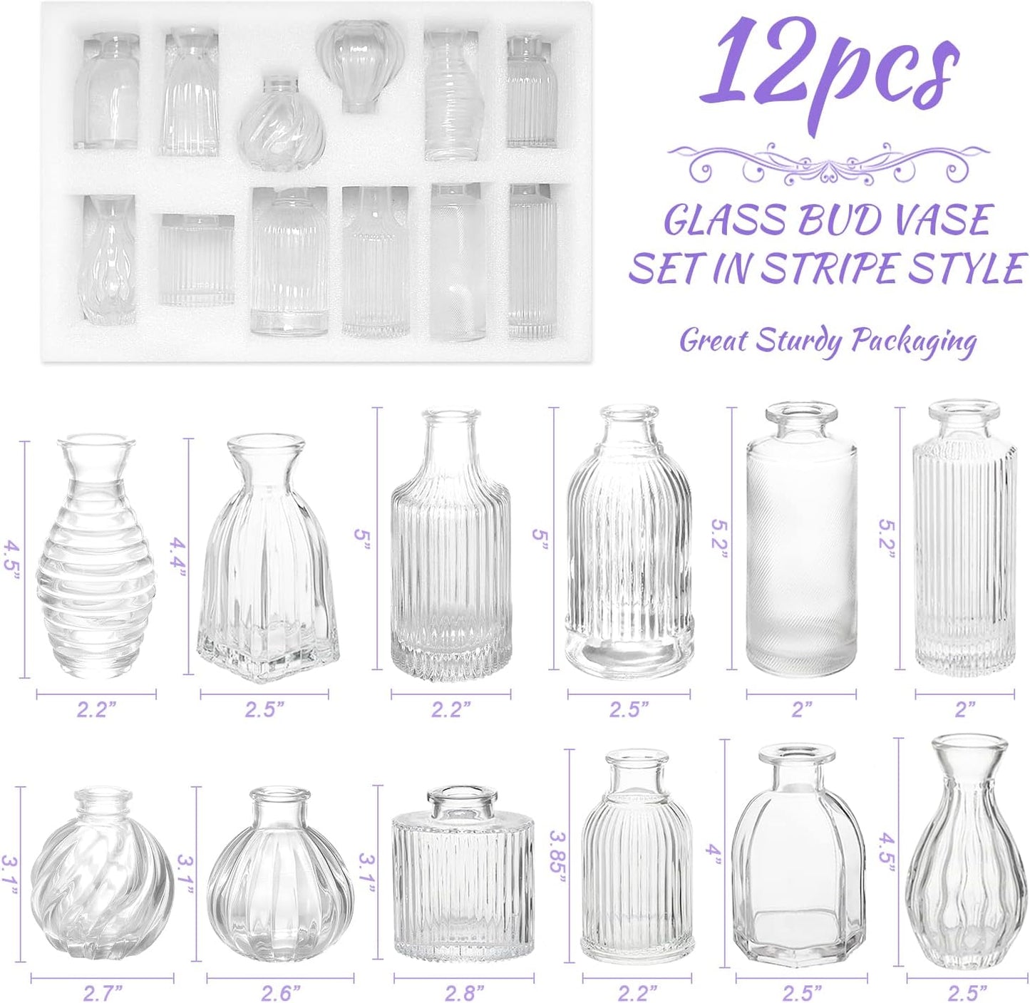 Bud Vases Set of 12, Glass Vase for Decor Centerpieces, Small Vases for Flowers, Clear Flower Vase Stripe Modern Bud Vases in Bulk, Vintage Vases for Floral Wedding Party Table Decoration Home Decor