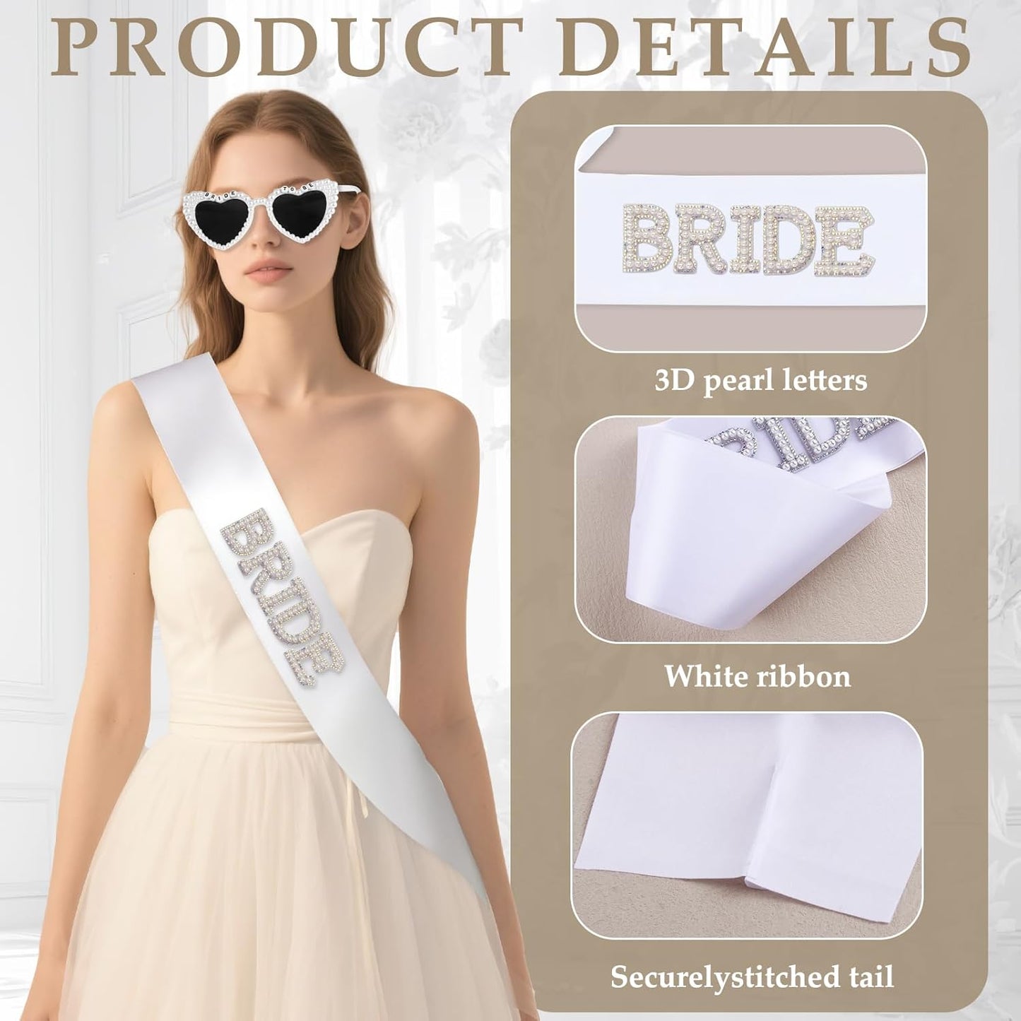 3Pcs Bride to Be Sash and Bow Veil Set, Bachelorette Party Favors, White Pearl Bride To Be Sash, Pearl Heart Sunglasses for Bachelorette Party Gifts Bridal Shower Wedding