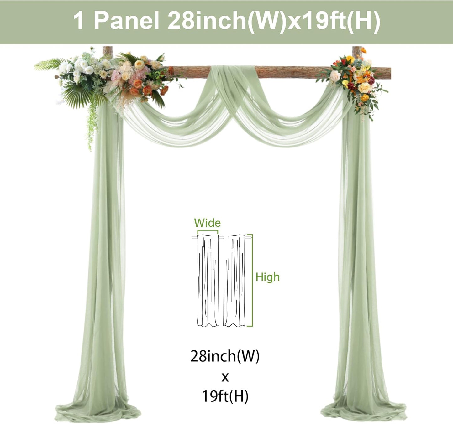 1 Panels Wedding Arch Draping Fabric Sage Green Sheer Backdrop Curtain Arch Drape for Wedding Ceremony Reception,Bridal Shower Party Decorations 28" X 19ft