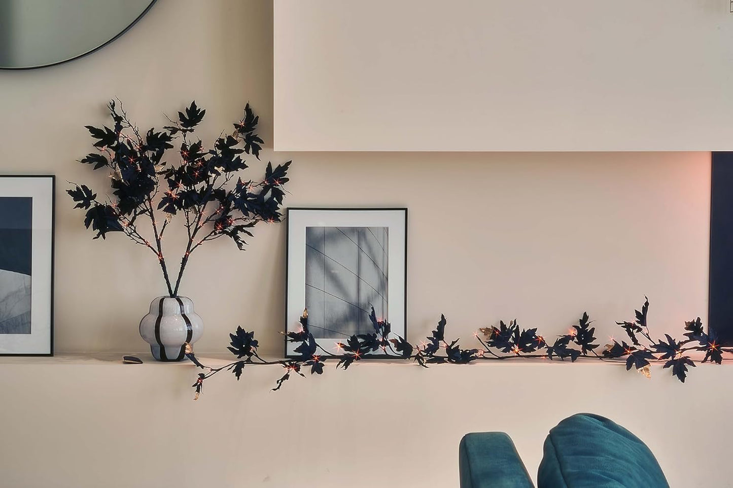 LITBLOOM Black Tree Branches with Lights 32IN Battery Operated with Timer, Lighted Halloween Maple Branches with 120 Orange and Warm White LED Lights for Fireplace Table Halloween Decoration