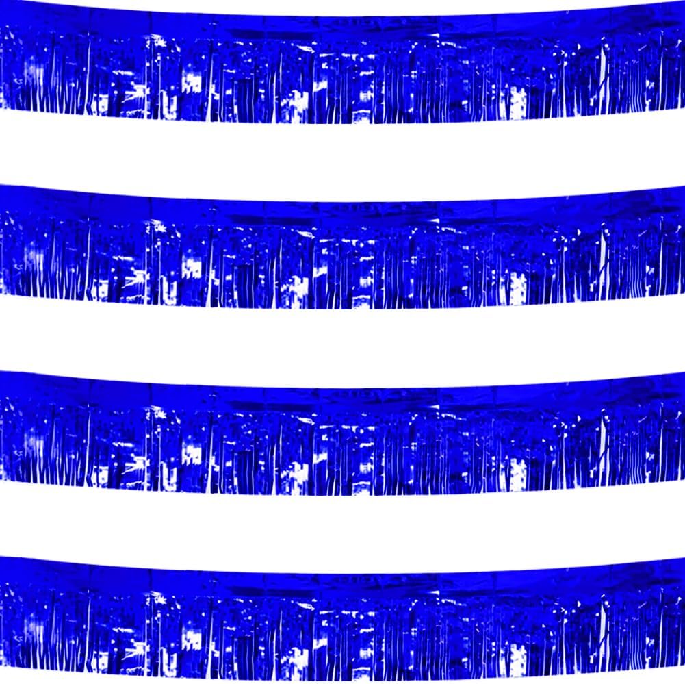 4 Pack Royal Blue Total 40 Feet Foil Fringe Garland Metallic Tinsel Banner Wall Hanging Drapes Parade Float Skirting Decorations for Trailer Mardi Gras Party Birthday Wedding Baby Shower