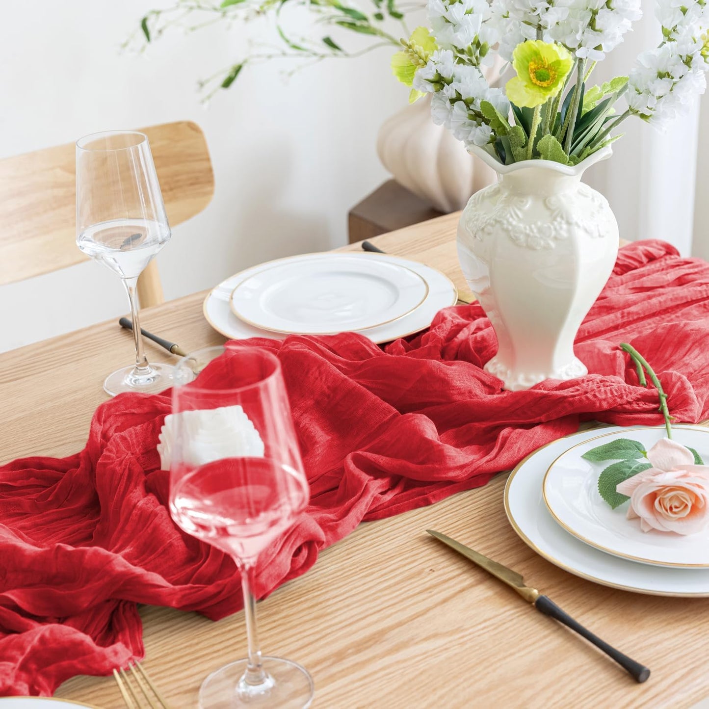 Asee'm 6PCS Fall Table Runner Cheesecloth 10FT Red Boho Gauze Fabric Rustic Sheer Cheese Cloth Runners for Thanksgiving Christmas Wedding Bridal Shower Party