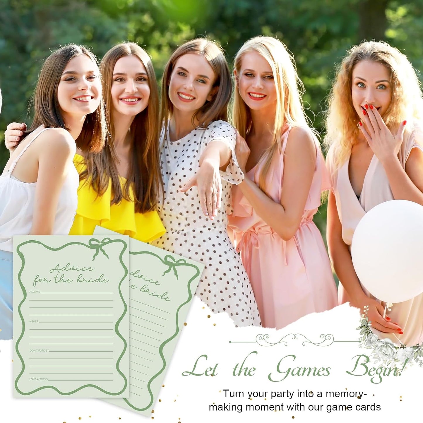 DEEKA 30 PCS Bridal Shower Games Card for 30 Guests Sage Green Wavy Border Ribbon Bow Funny Wedding Bachelorette Party Games for Reception (Advice for The Bride)