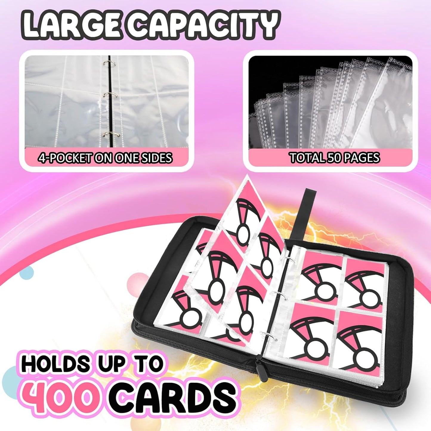 Trading Card Binder 4-Pockets, 400 Pockets Card Holder with 50 Removable Sleeves, Large Capacity & Waterproof Zipper Album Holder for Trading Card Collector，Portable Card Album Book for Card-Pink