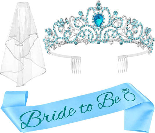 JETKONG 3 Pcs Bachelorette Party Decorations Bridal Shower Crown, Bride to Be Sash&Veil for Women Bachelorette Party Gifts, Bachelorette Party Supplies, Gifts, Favors (Blue)