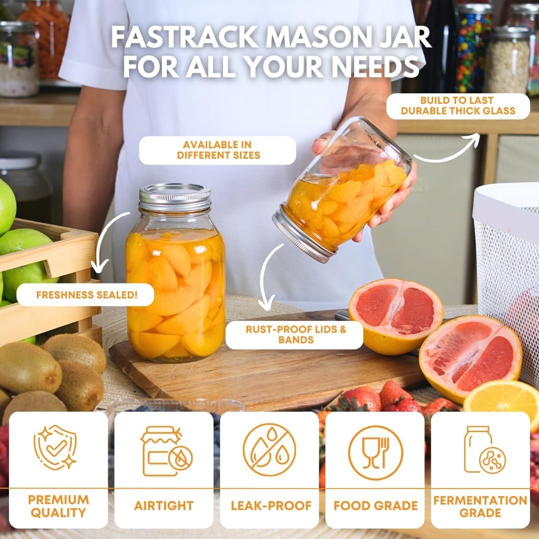 FastRack Regular Mouth Mason Jars 16 oz with Airtight Lids – Pack of 4 | Empty Glass Canning Jars for Food Storage, Fermentation, Pickling Canning, Meal Prep, Pantry Organization & Kombucha Brewing