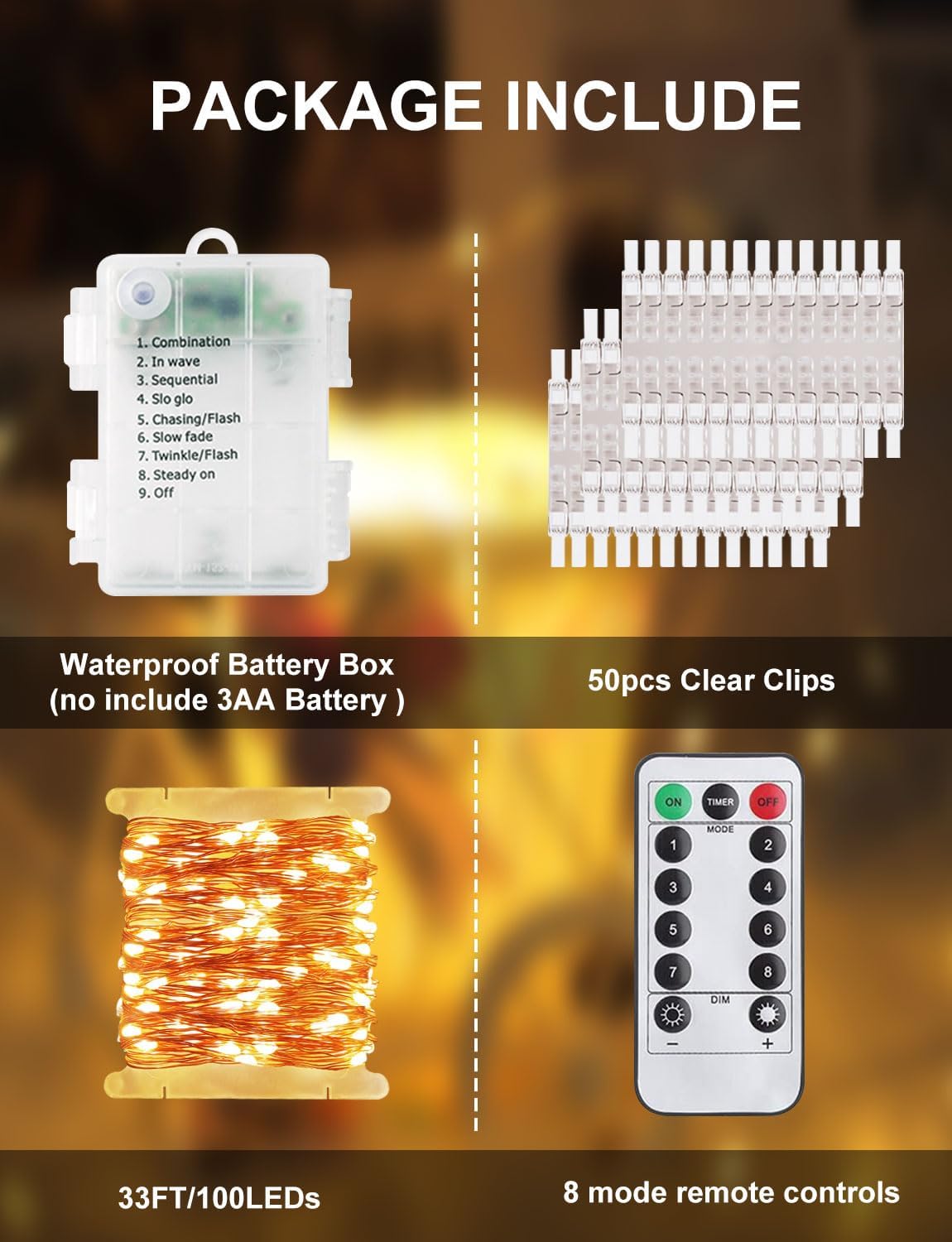 Photo Clip String Lights with Remote, 33FT 100 LED Battery Operated String Lights, Waterproof Copper Wire Starry Lights with 50 Clear Clips, Powered Fairy Lights for Teen Girl Gifts Bedroom 8 Modes