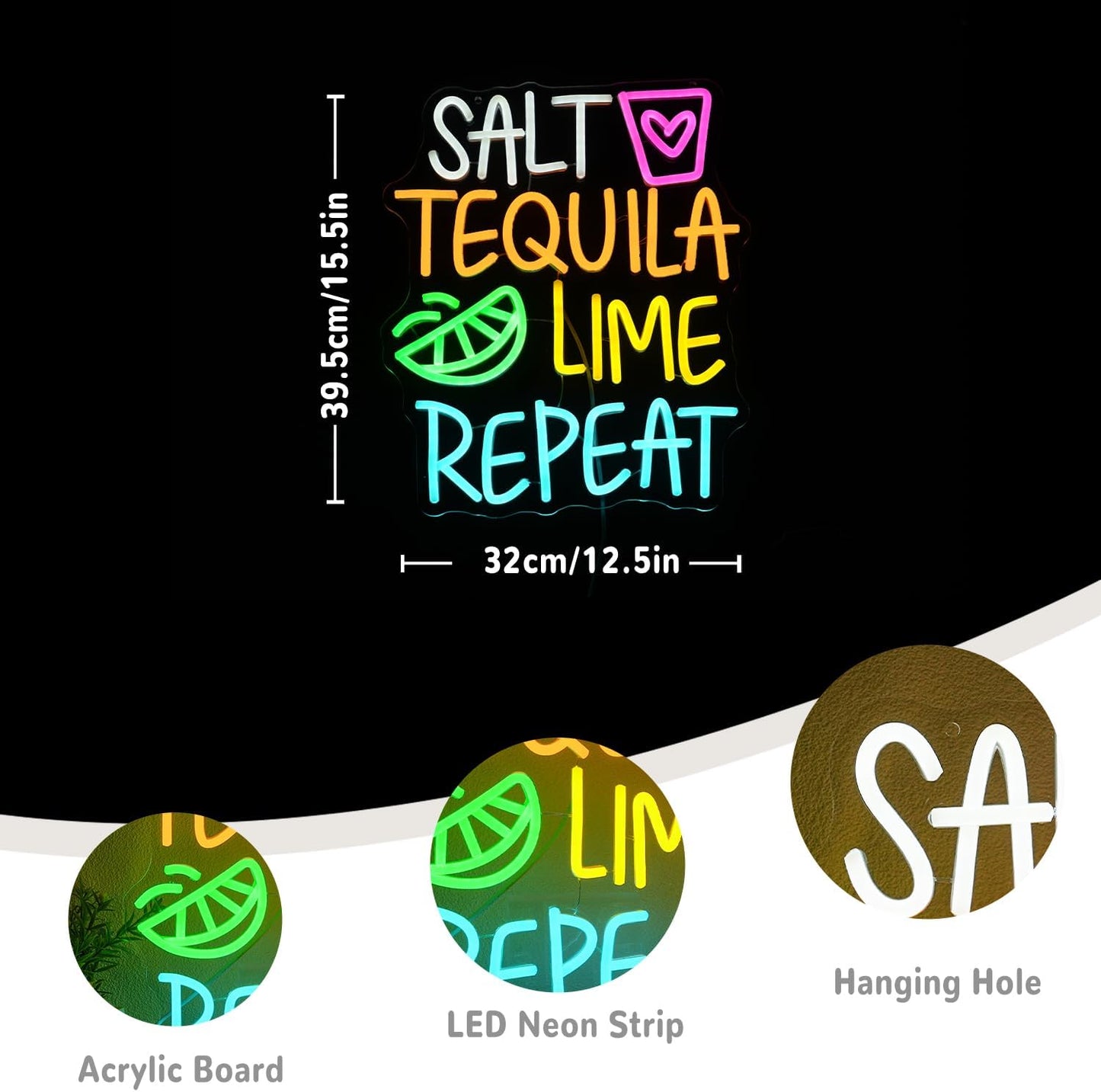 Salt Tequila Lime Repeat Neon Sign for Wall Decor Tequila Neon Light Letter LED Neon Sign Colorful Led Neon Light for Bar Shop Man Cave Kitchen Decoration