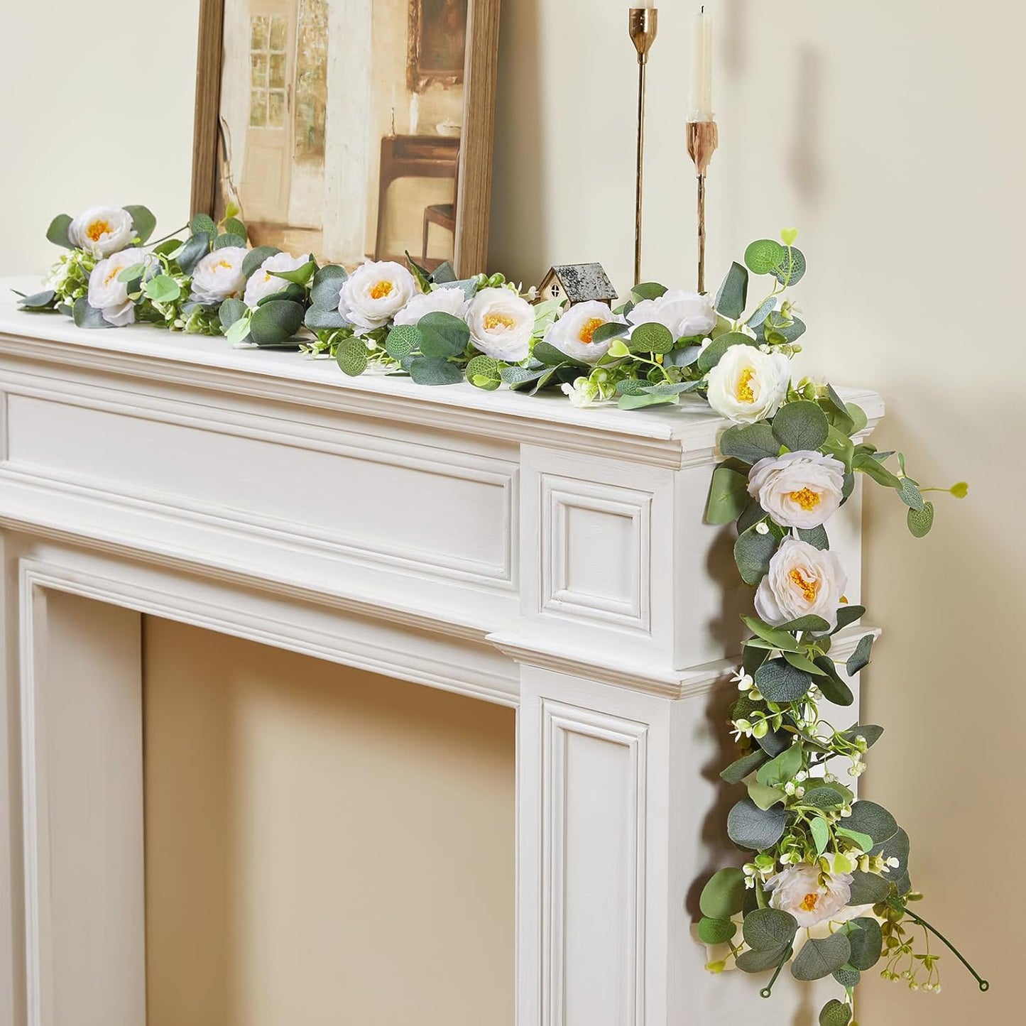 4 Pack Artificial Eucalyptus Flower Garland with White Roses, Fake Flowers Greenery Garland Flower Vines for Wedding Party Centerpiece Mantle Table Runner Spring Summer Home Decor (4PCS, White)