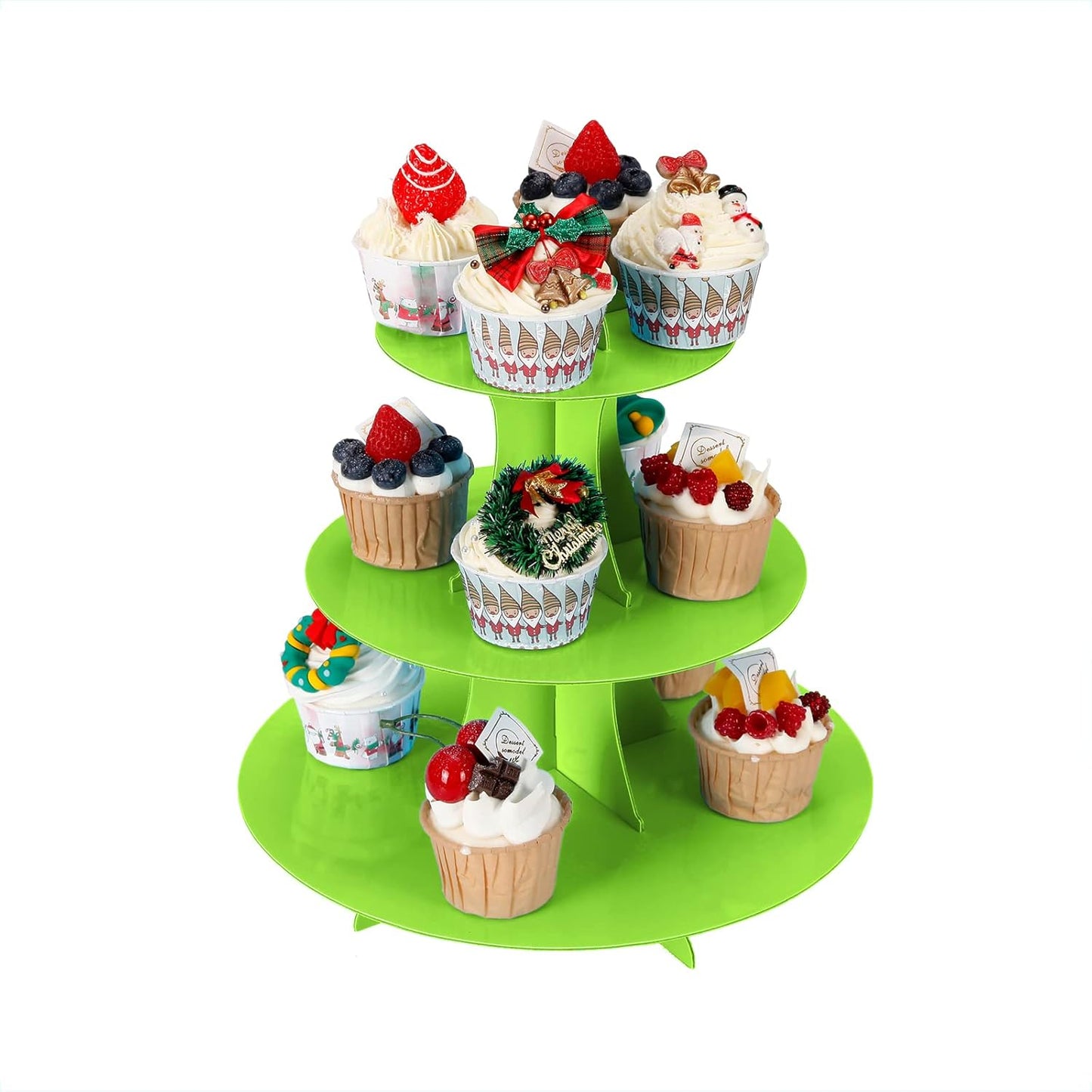 3-Tier Cupcake Stand, Cake Stand holder, Tiered DIY Cupcake Stand Tower for Dessert Table Displays, Birthday Theme Party Favors Decoration, Floral Tea Party, 12" W x 12.8" H, Green