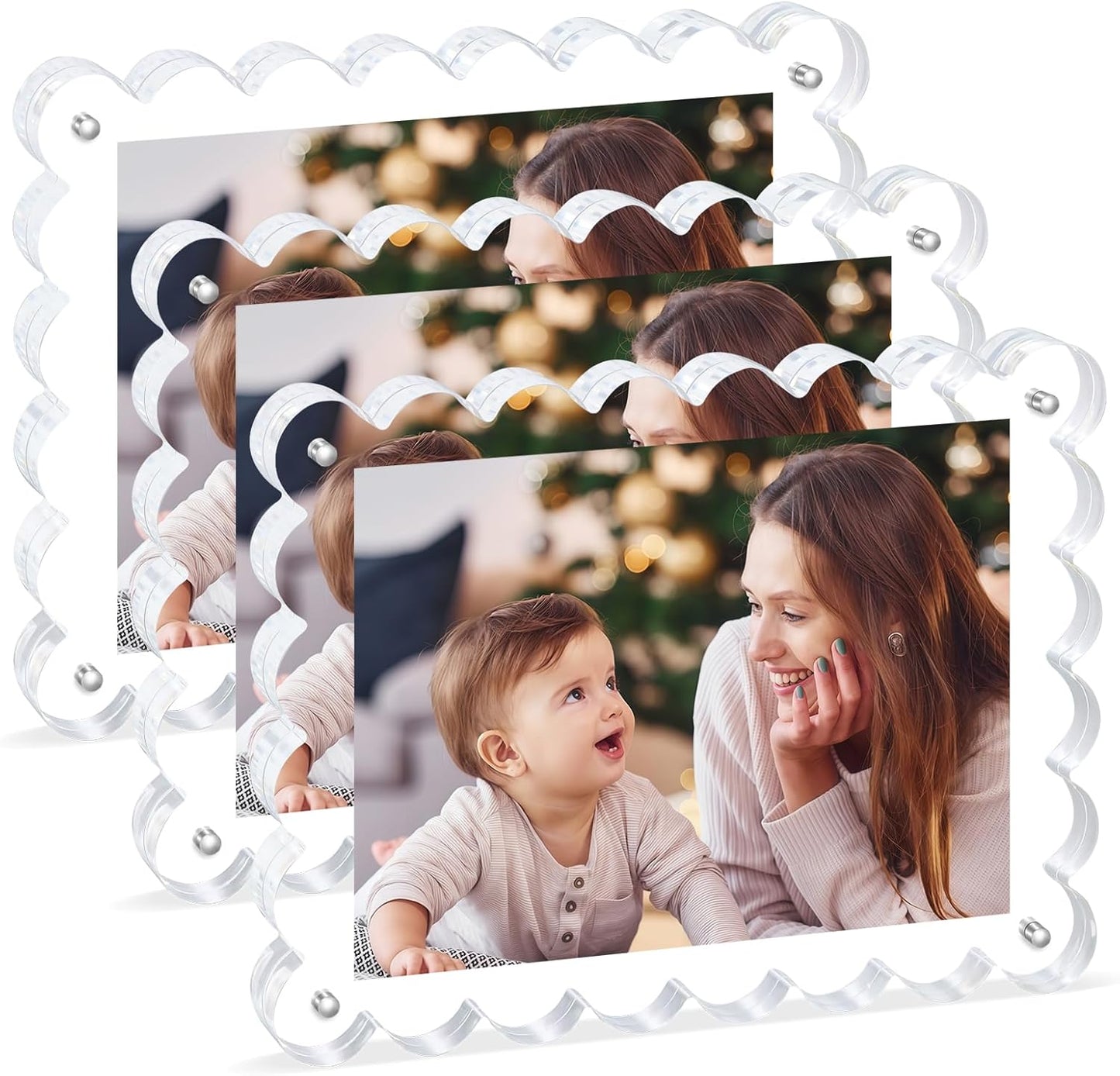 Magnetic Photo Frame 6×8Inch -3Pack Acrylic Scalloped Glass Frames, 12+12mm Thick Double-Sided Design, Clear Picture Frame with Thick Block | Trendy Home Gift Set Stylish Acrylic Frames (3Pack, 6×8)