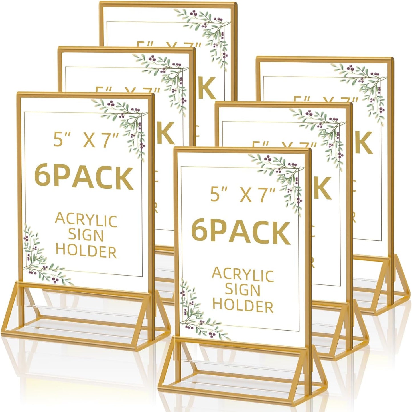 Acrylic Sign Holder 5x7 Gold Display Stand, Clear and Stable Table Plastic Paper Holder, Acrylic Frames for Home Office Shop Photo Frames Exhibition (6pcs)