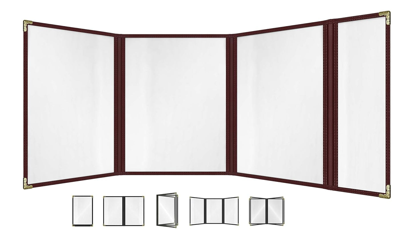 Goodsmart Restaurant Menu Covers – 25 Pack Burgundy Quadfold 8-View, Side-Loading Menu Holders, Vinyl & Plastic Café Menu Covers, Clear Menu Sleeves, Fits 8.5" x 11" & 4.25" x 11", Gold Corners