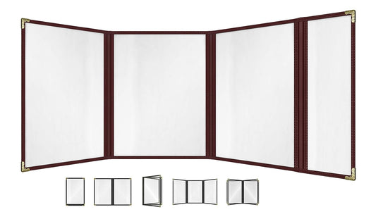 Goodsmart Restaurant Menu Covers – 25 Pack Burgundy Quadfold 8-View, Side-Loading Menu Holders, Vinyl & Plastic Café Menu Covers, Clear Menu Sleeves, Fits 8.5" x 11" & 4.25" x 11", Gold Corners