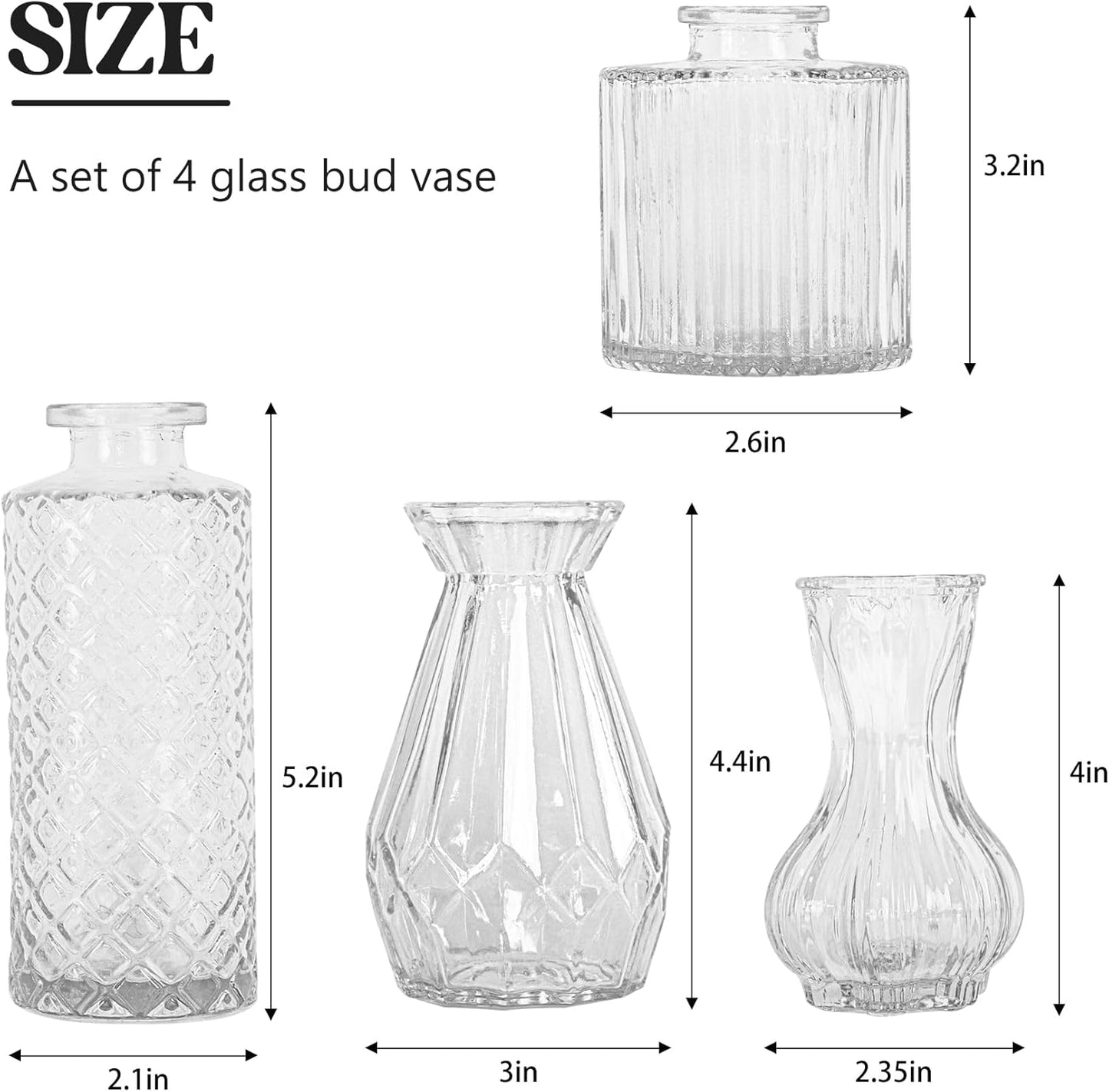 Set of 4 Glass Bud Vase Set, Small Vintage Clear Flower Vase Centerpieces for Table Bulk Cute Rustic Style Mini Vase for Home Decor Wedding Baby Shower Birthday Party