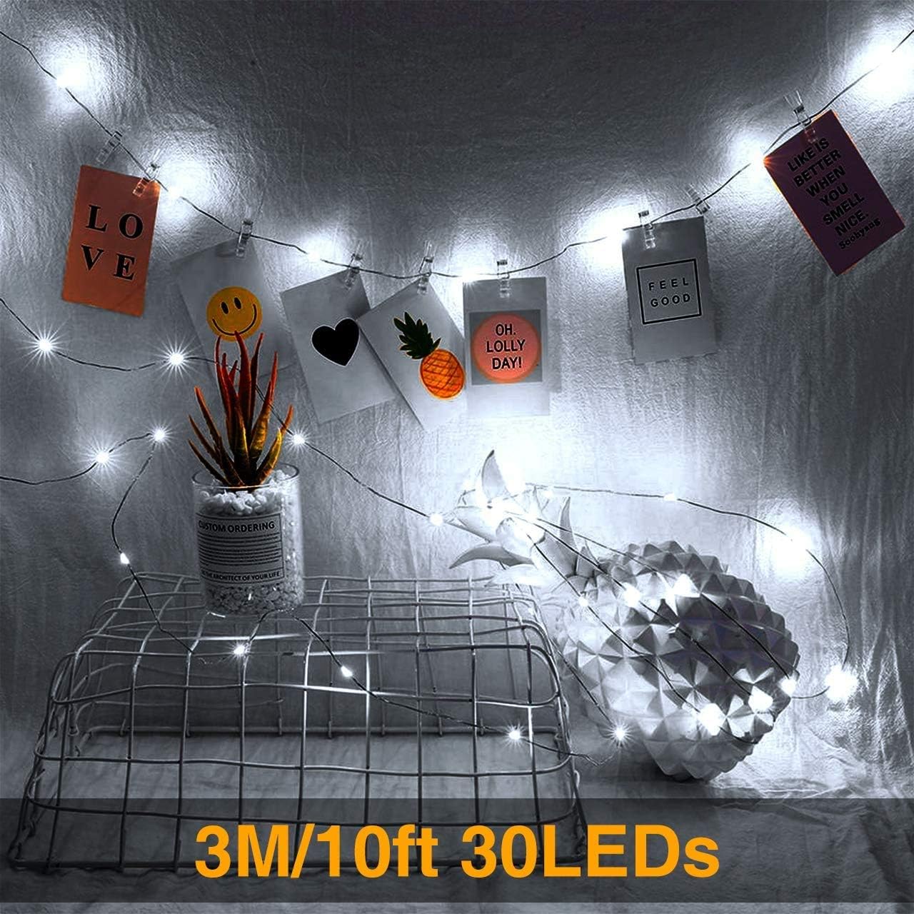 3 Pack Rechargeable String Fairy Lights 10ft 30 LED, Christmas Starry Lighting Silver Copper Wire 4 Modes, Waterproof Cool White Micro Firefly Moon Light with USB Cable