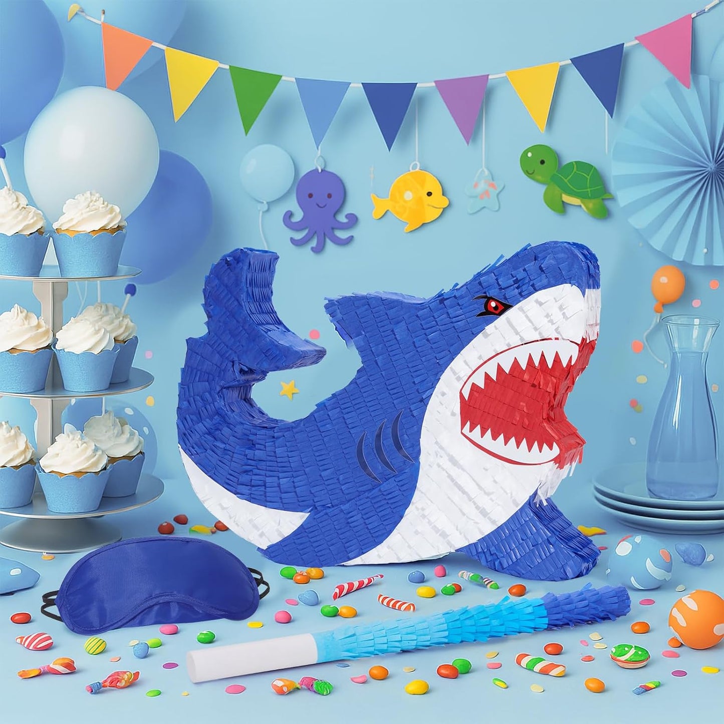 WERNNSAI Shark Piñata - Ocean Shark Birthday Party Decorations Kids Boys Pinata with Blindfold and Bat for Under the Sea Party Supplies Baby Shower Birthday Game Set