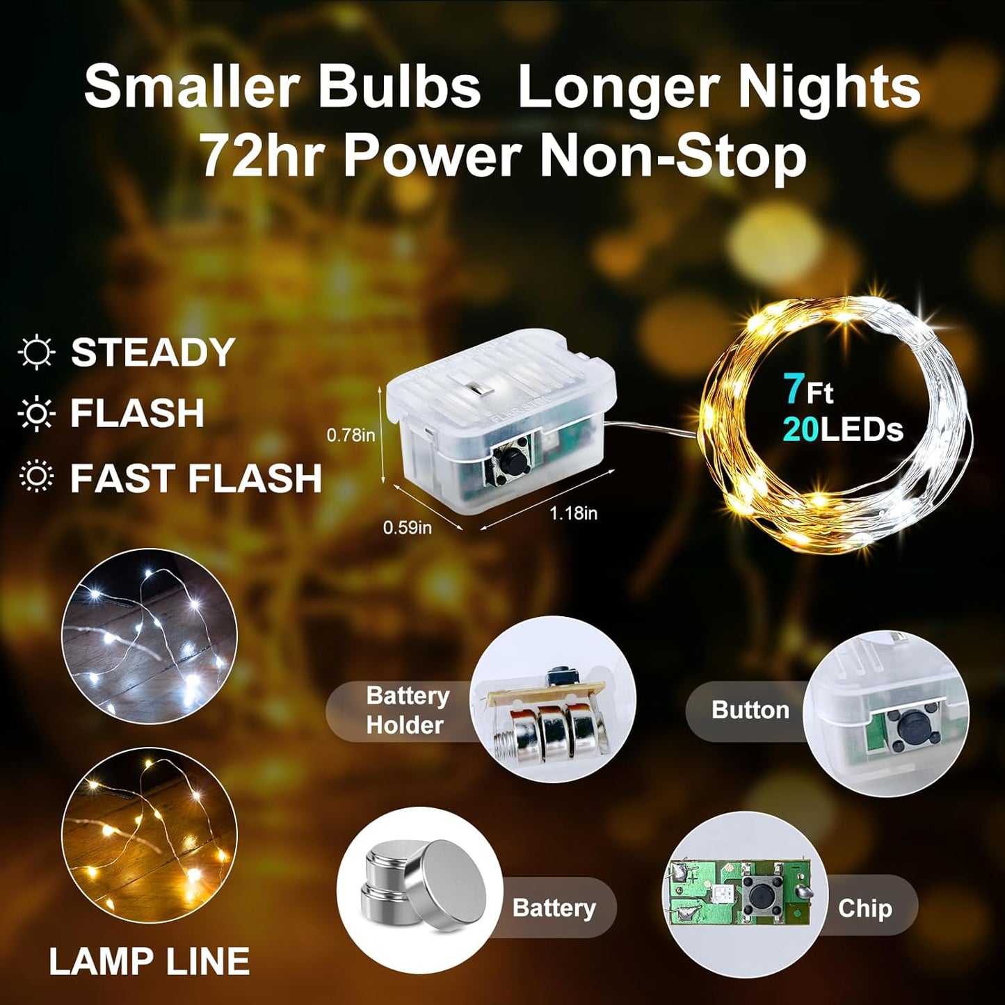 Aogist 50 Pack Fairy Lights 3 Modes 7ft 20 LED Waterproof,Silver Wire Firefly Starry Moon Mini String Lights for Mason Jars Christmas DIY Crafts Wedding Party Bedroom,Cool White&Warm White