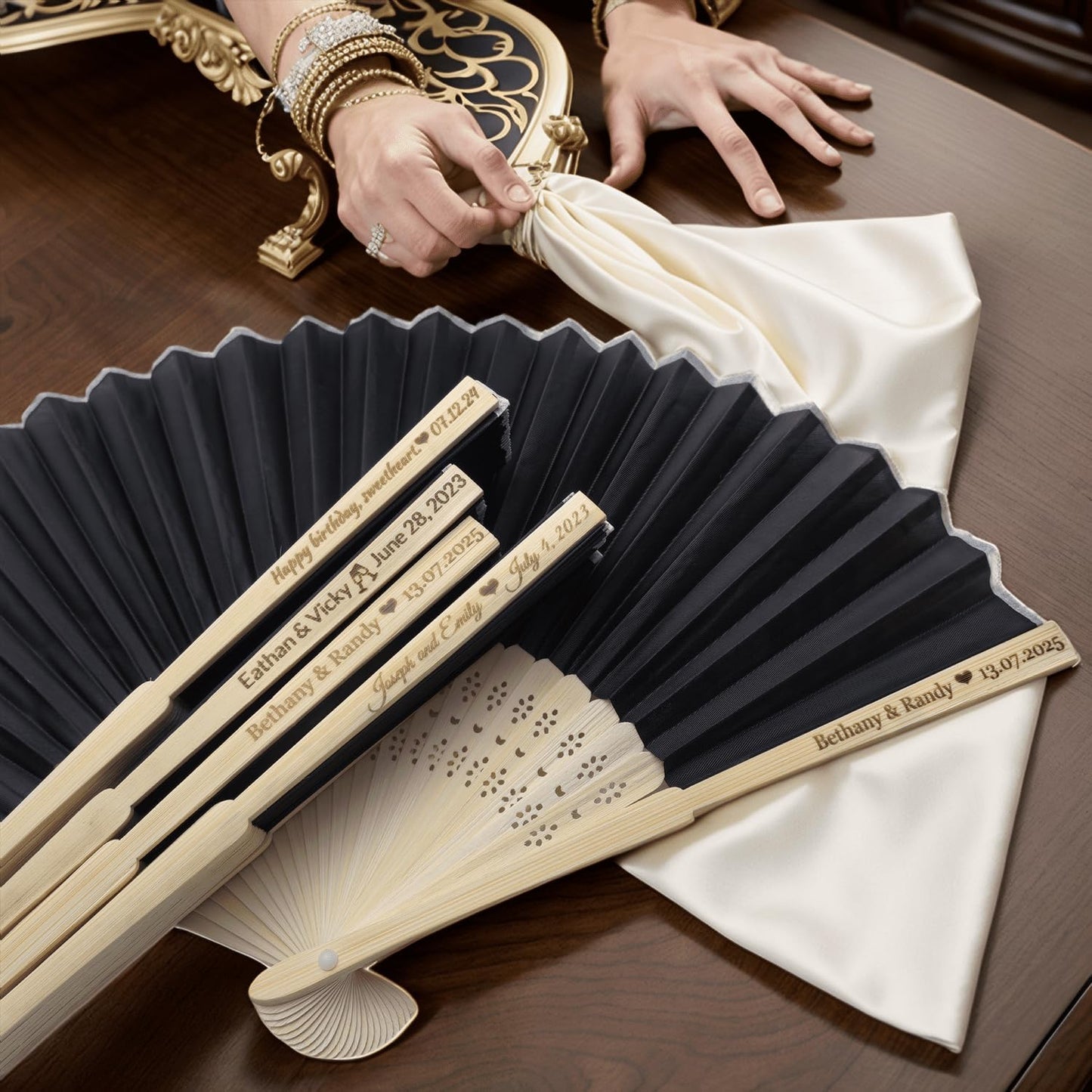 30Pcs Personalized Silk Fans Folding Hand Fan, Custom Wedding Bridal Party Favors, Summer Wedding Bride, Wedding Gift, Thank You Gift (Black)