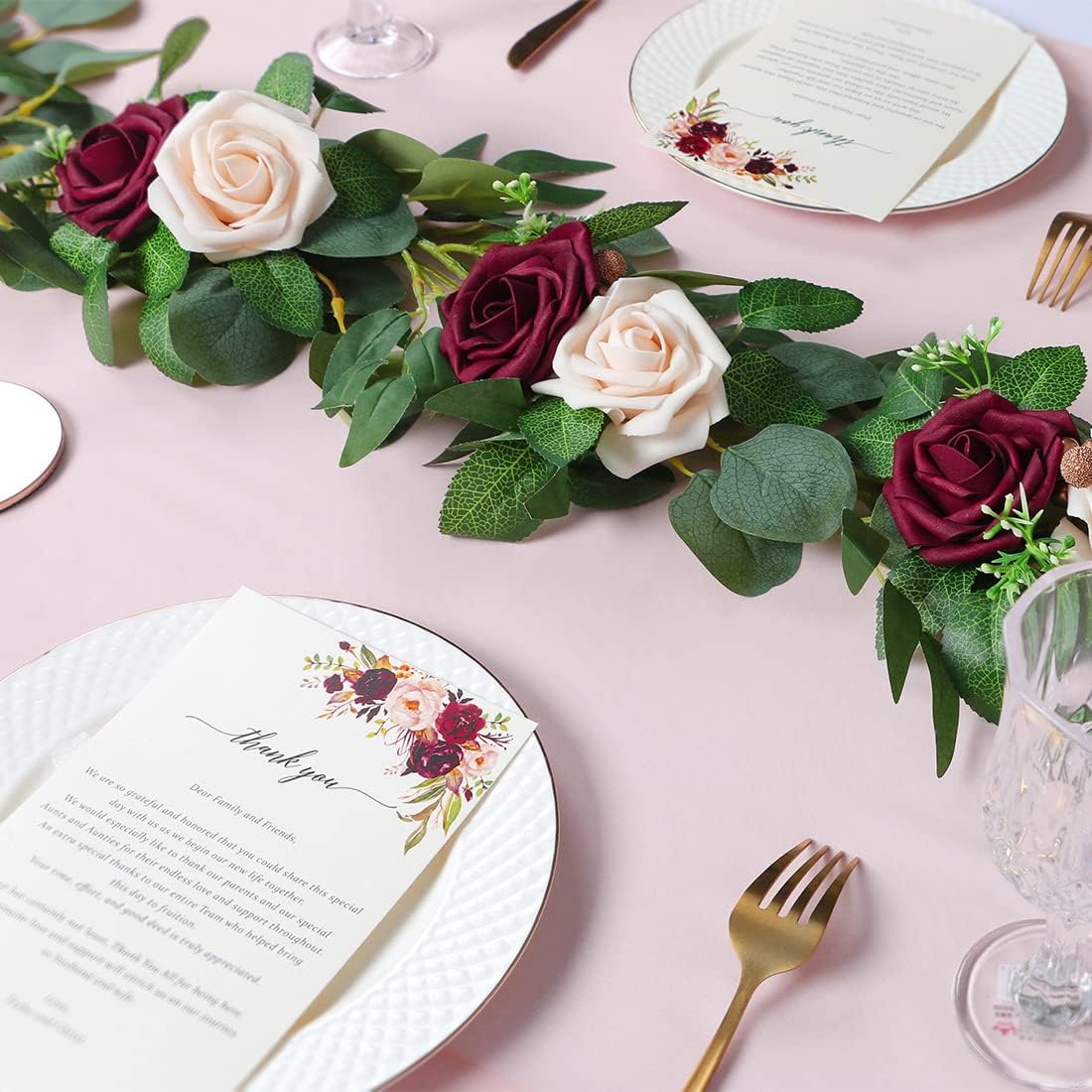 ponatia 6.5FT Handcrafted Artificial Rose Flower Garland, Eucalyptus Greenery Garland for Wedding Ceremony Garlands Backdrop Arch Flowers, Reception Table Decorations (Burgundy & Ivory Cream)