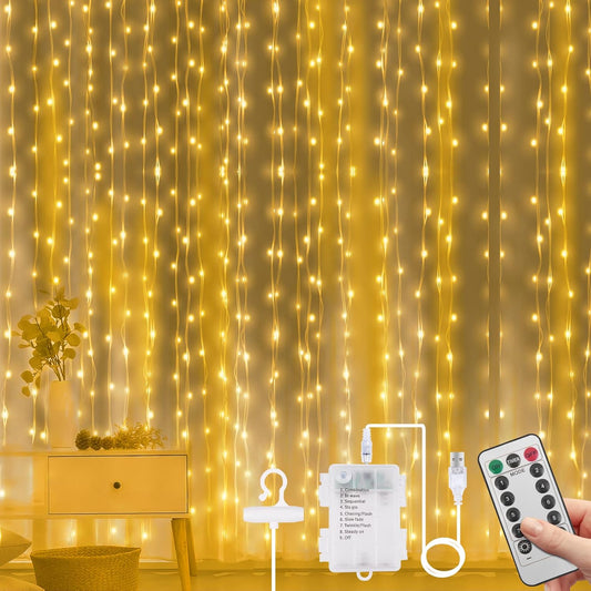 Vicloon Fairy Curtain Lights,300 LED Warm White Curtain Lights,8 Modes 9.8×9.8Ft Waterproof Window Curtain String Light USB&Battery Powered with Remote Control,String Lights Curtain for Indoor,Outdoor