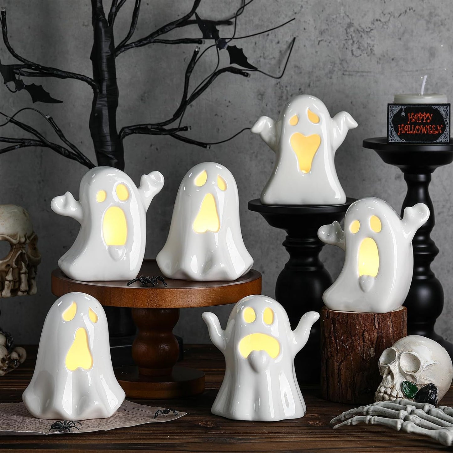 Wesiti 6 Pcs Ceramic Ghost Light up Halloween Decorations Indoor Small White Ghost Figurines Gothic Home Decor Spooky Statue Gift for Desk Tabletop Centerpieces Party Props