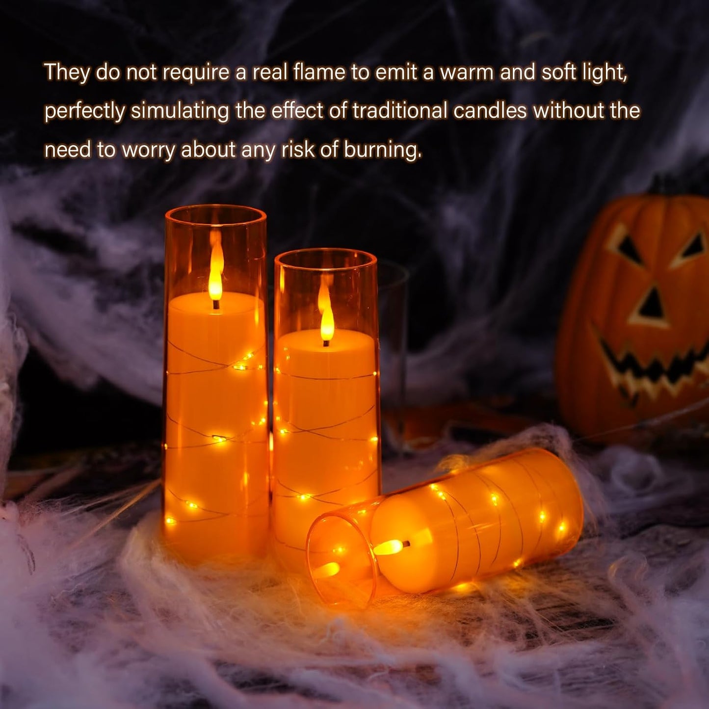 Flameless LED Candles with Timer 9 Pc Flickering Flameless Candles for Romantic Ambiance and Home Decoration Stable Acrylic Shell,with Embedded Star String，Battery Operated Candles（Orange）