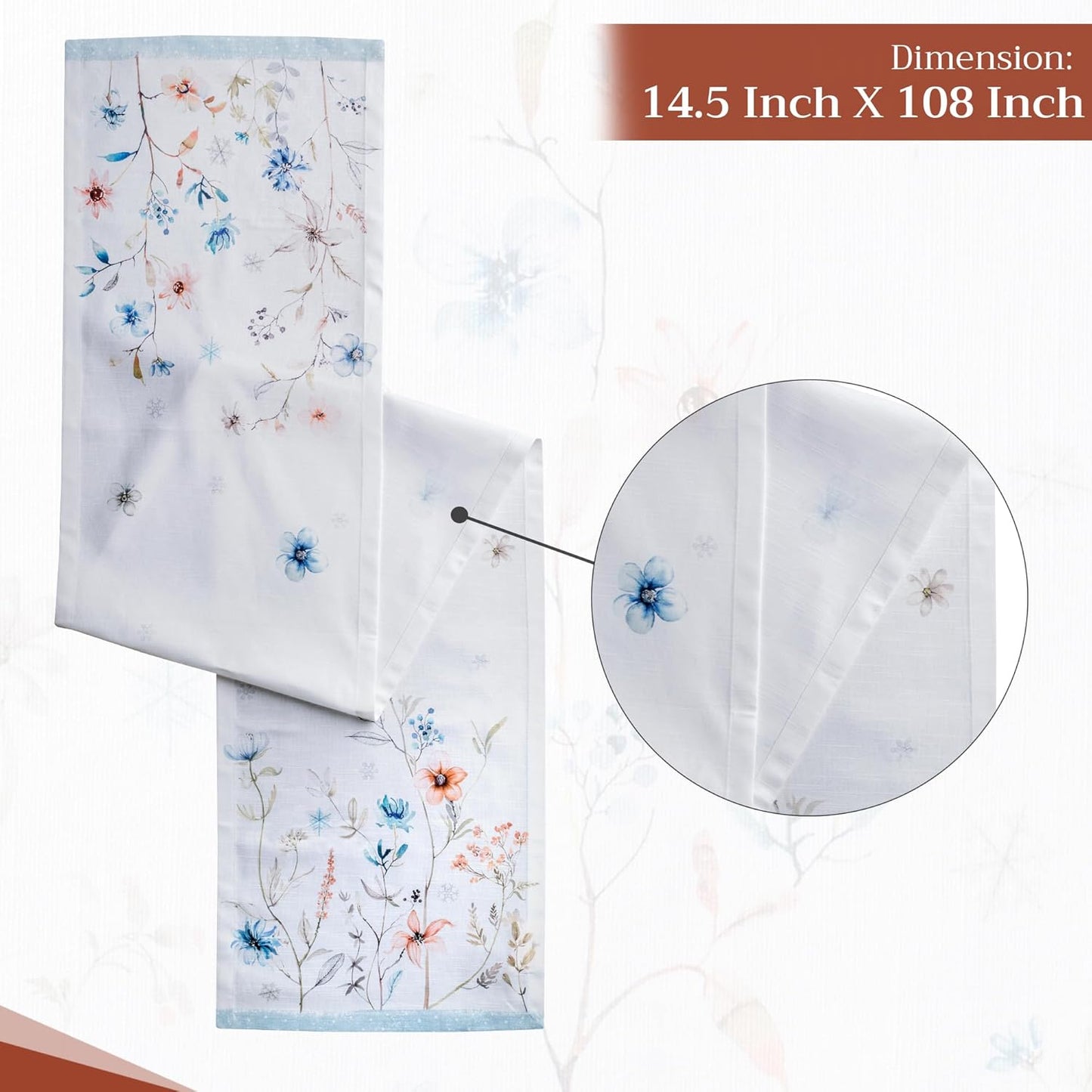 Maison d' Hermine Table Runner 100% Cotton Single Layer Table Runners 108 inches Long for Thanksgiving Christmas Decorations Home Kitchen Dining Party Wedding (Ice Florals, 14.5" x 108")