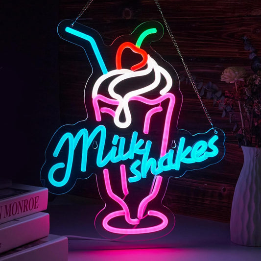Milk Shakes Neon Signs Ice Cream Neon Light Milk Tea LED Neon Light Milk USB Powered Dimmable(12.6x14.8 Inch)