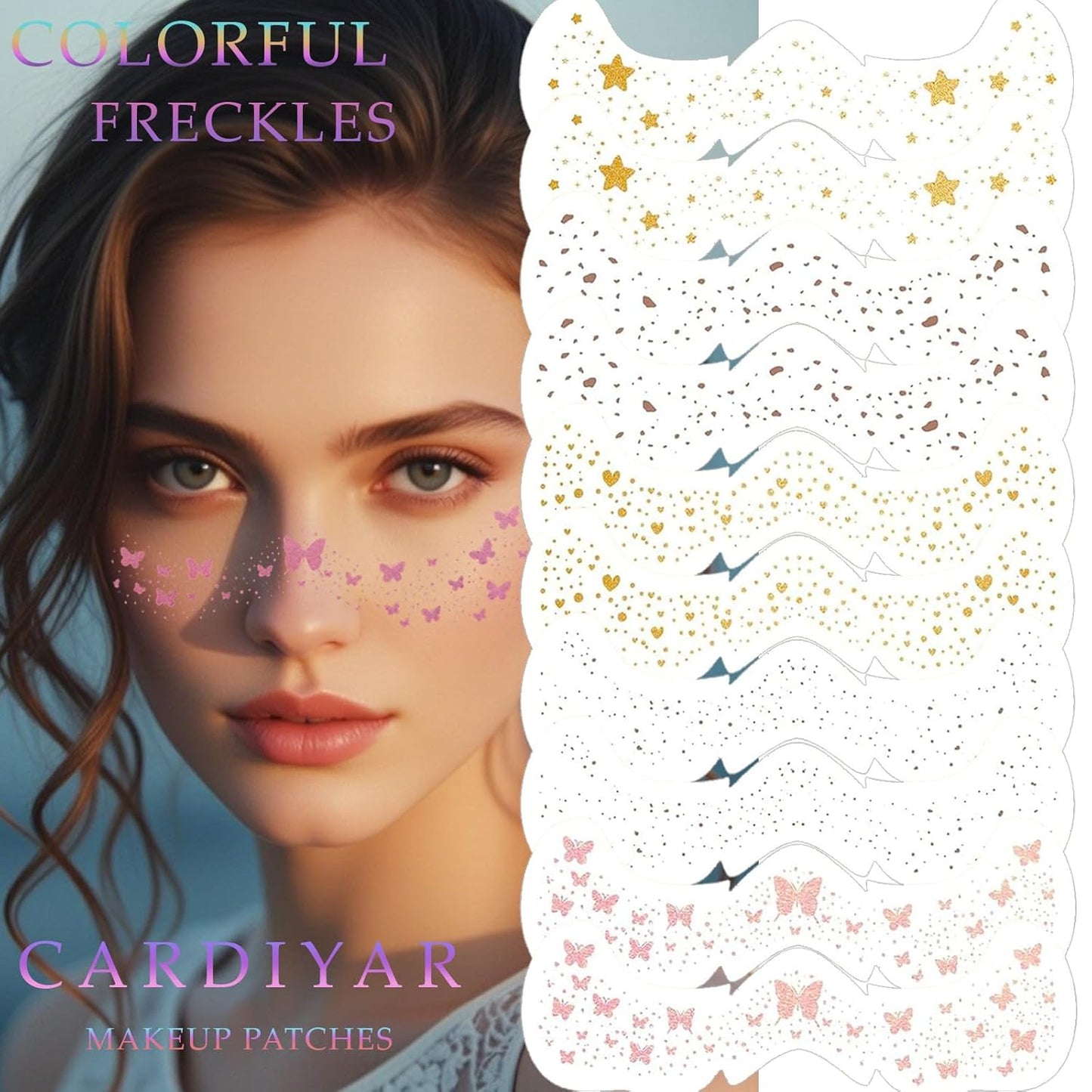 Glitter Freckles, 24PCS Glitter Freckles Face Tattoo, Sparkle Freckles for Women, Waterproof Gold Temporary Face Tattoos Glitter Glow Up Patches Makeup Patches (Multicolored 10pcs)