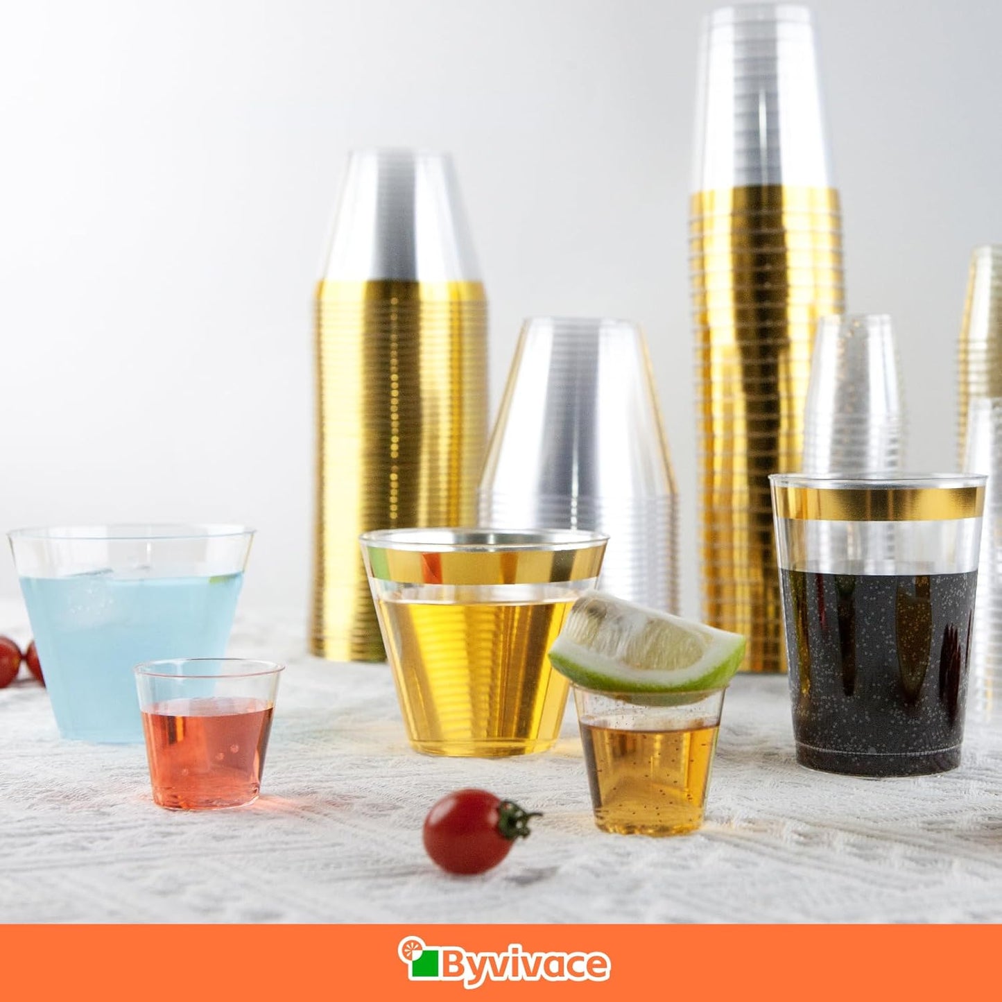 50counts 9 OZ. Disposable Cups Old fashioned Party Tumblers, 9 Ounce Squat Cups Gold Wine Glasses Hard Plastic Cups with Gold Rim